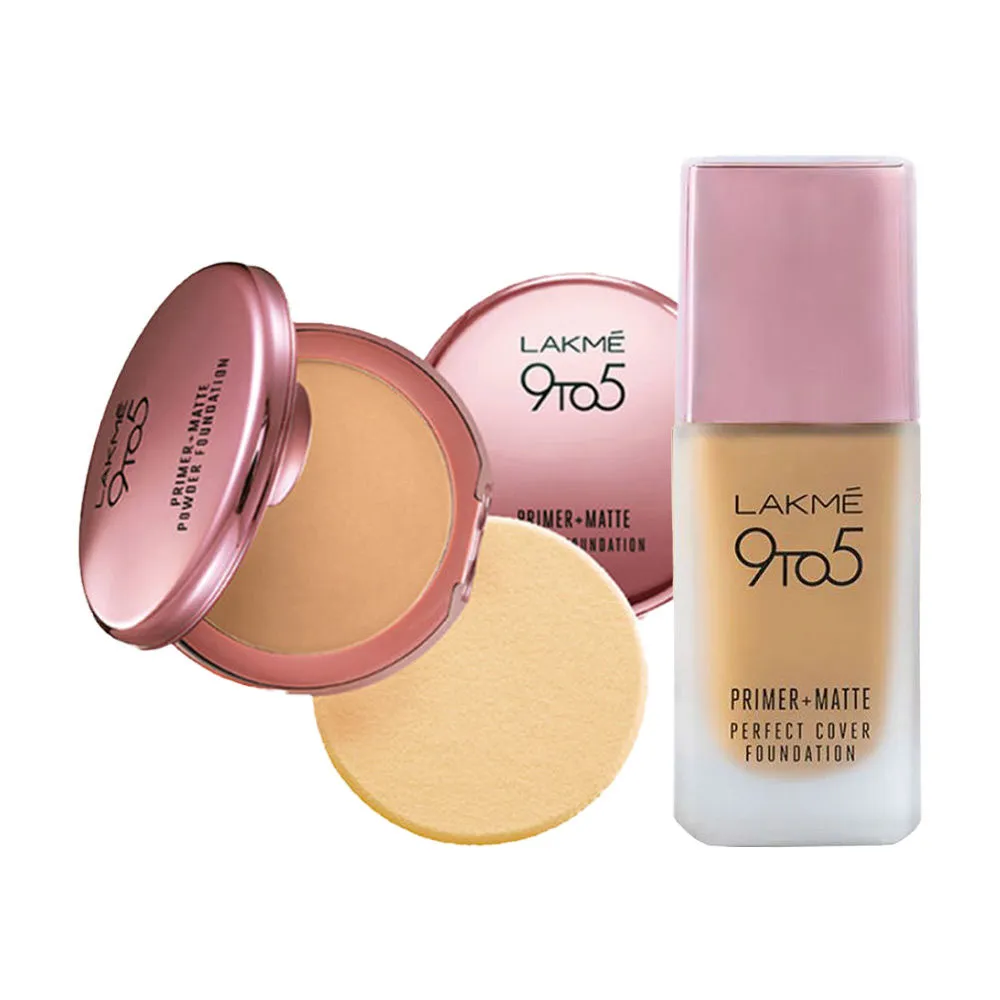 Lakme 9 To 5 Primer + Matte Powder Compact Silky Golden & W120 Warm Creme Foundation Combo