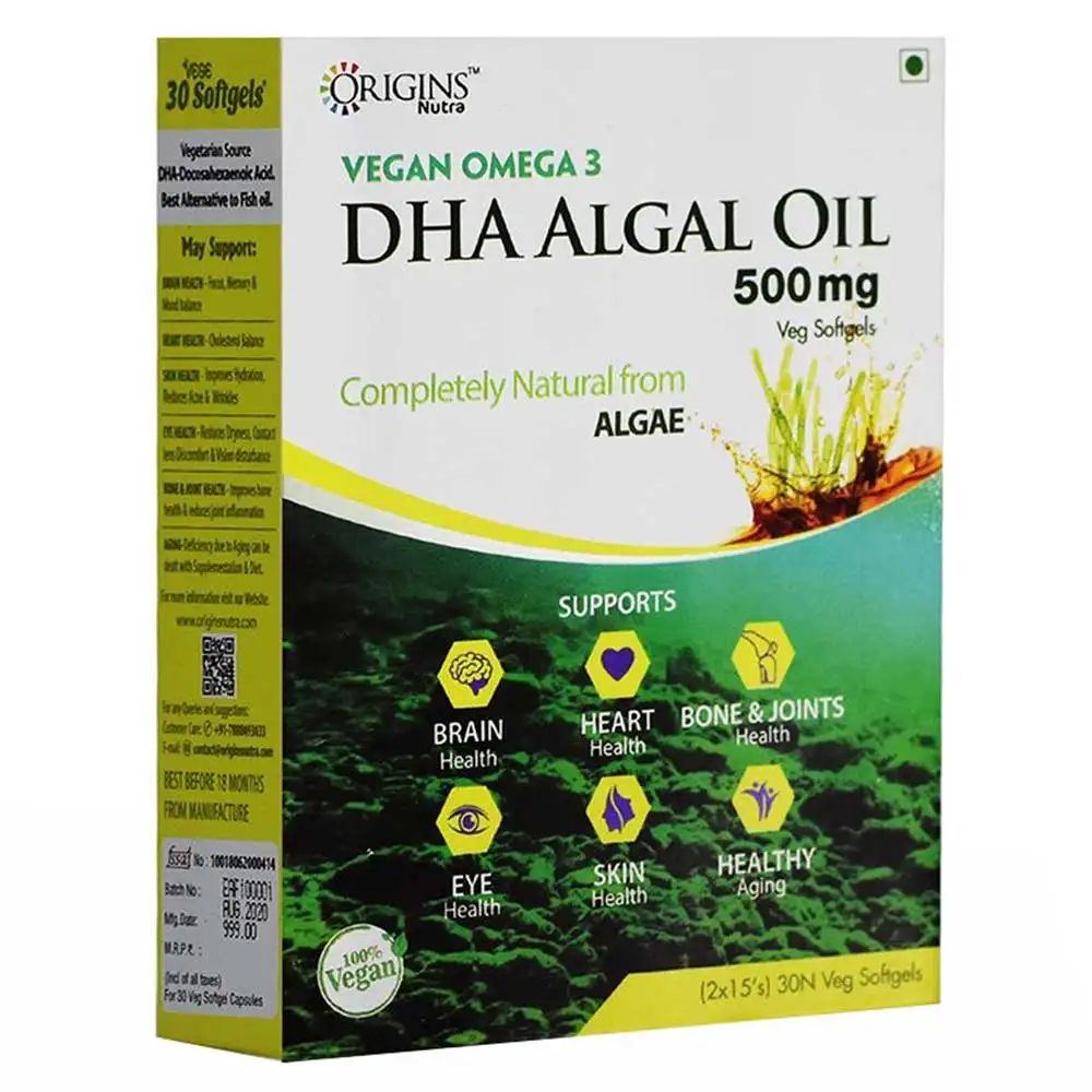 Origins Nutra Vegan Omega 3 DHA Algal Oil 500mg,  30 softgels