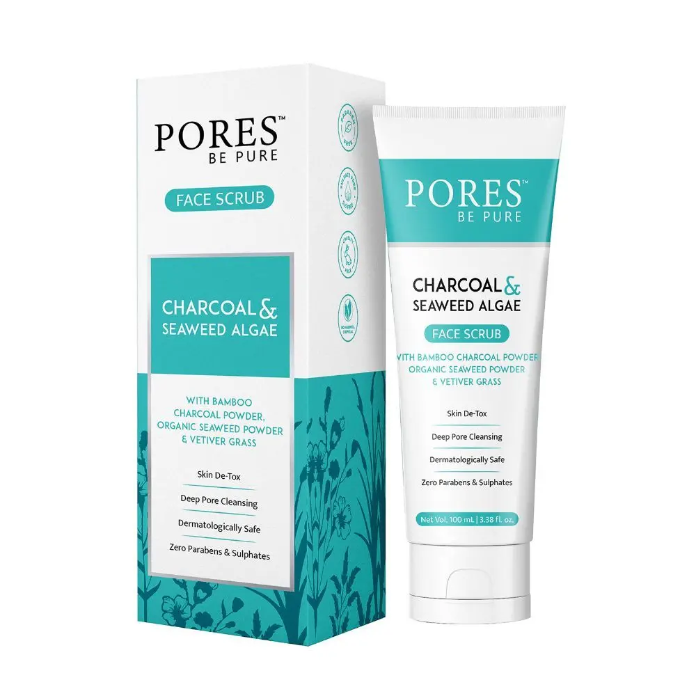 PORES Be Pure Charcoal Gel Face Scrub With Seaweed & Algae for Deep Pore Cleansing, Blackhead Remover & Skin Detox - 100 mL