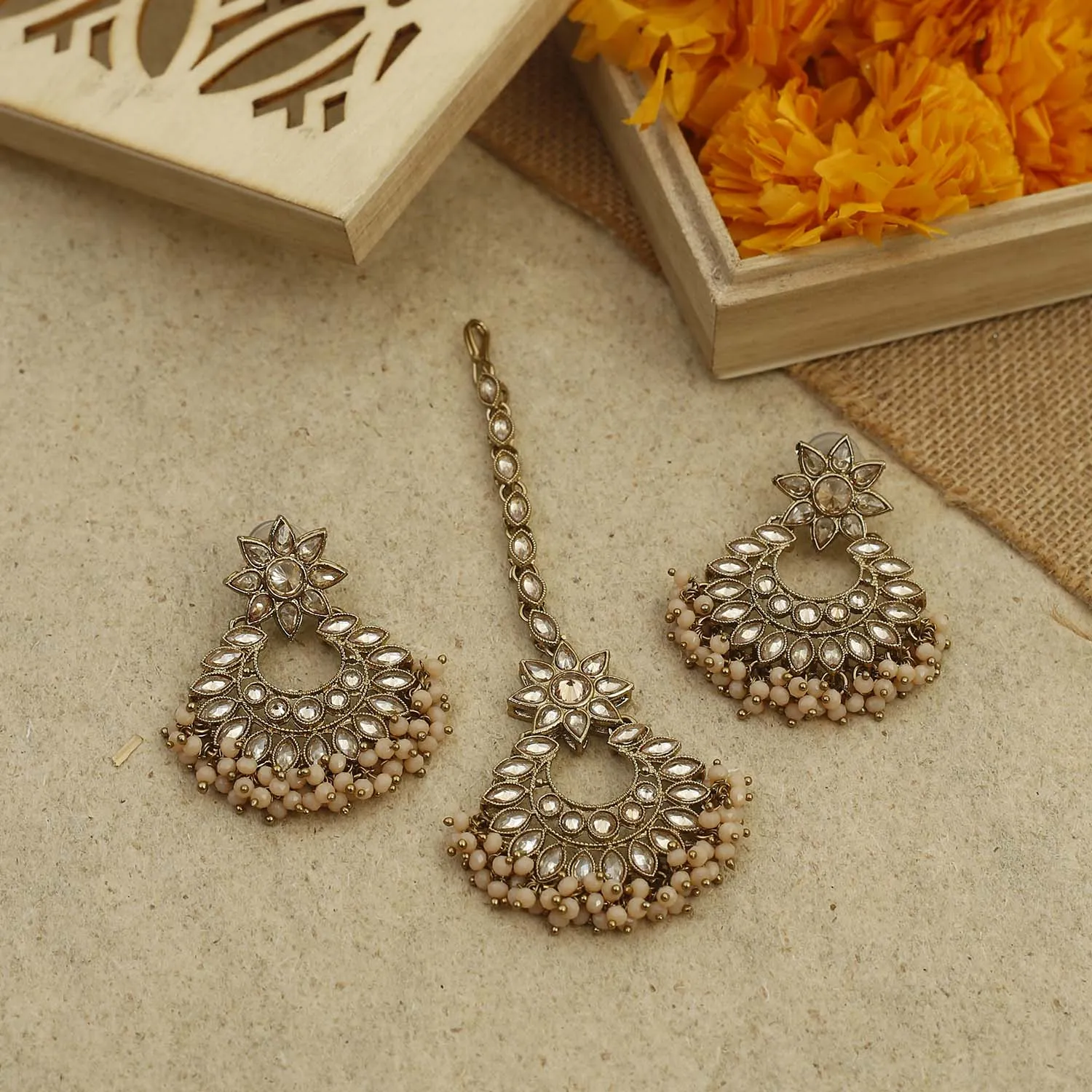 Bling Bag Peach Crystal Maang Tikka Set