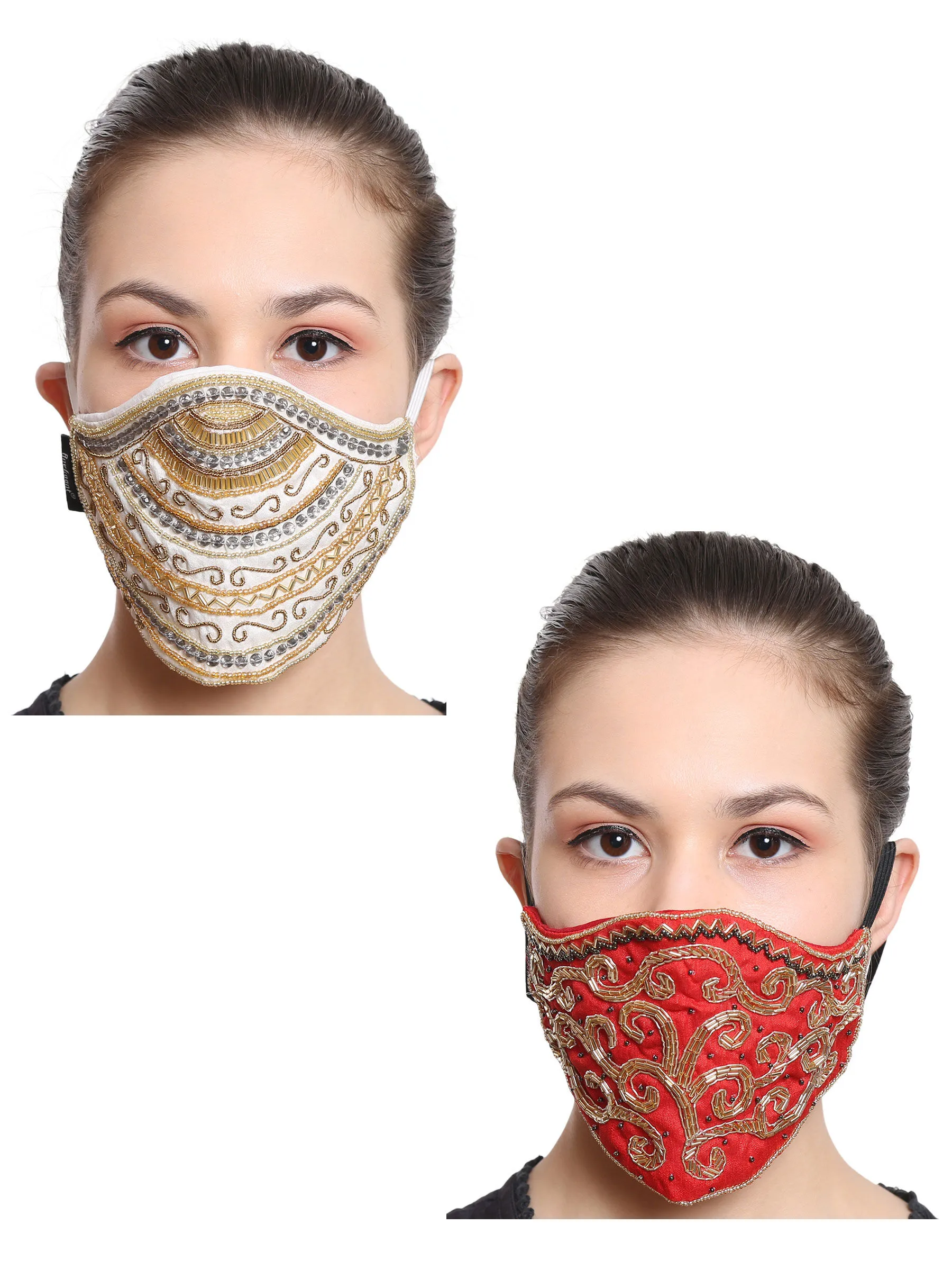 Anekaant Multicolor 3-Ply Reusable Art Silk Embellished Fabric Fashion Mask (Pack Of 2)