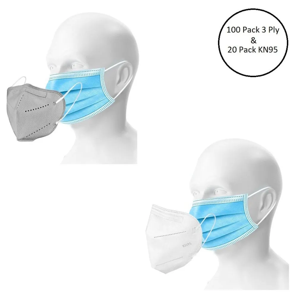 Fabula Unisex Double Mask Set Of 100 Disposable & 20 KN95 / N95 Masks (Grey, White )