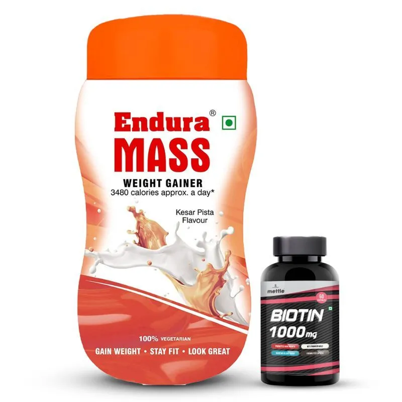 Endura Mass Weight Gainer Kesar Pista Flavour With Mettle Biotin Tablets