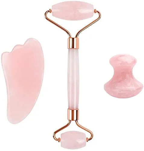 Getmecraft Rose Quartz Roller And Wing Shaped Gua Sha With Rose Quartz Mushroom Gua Sha