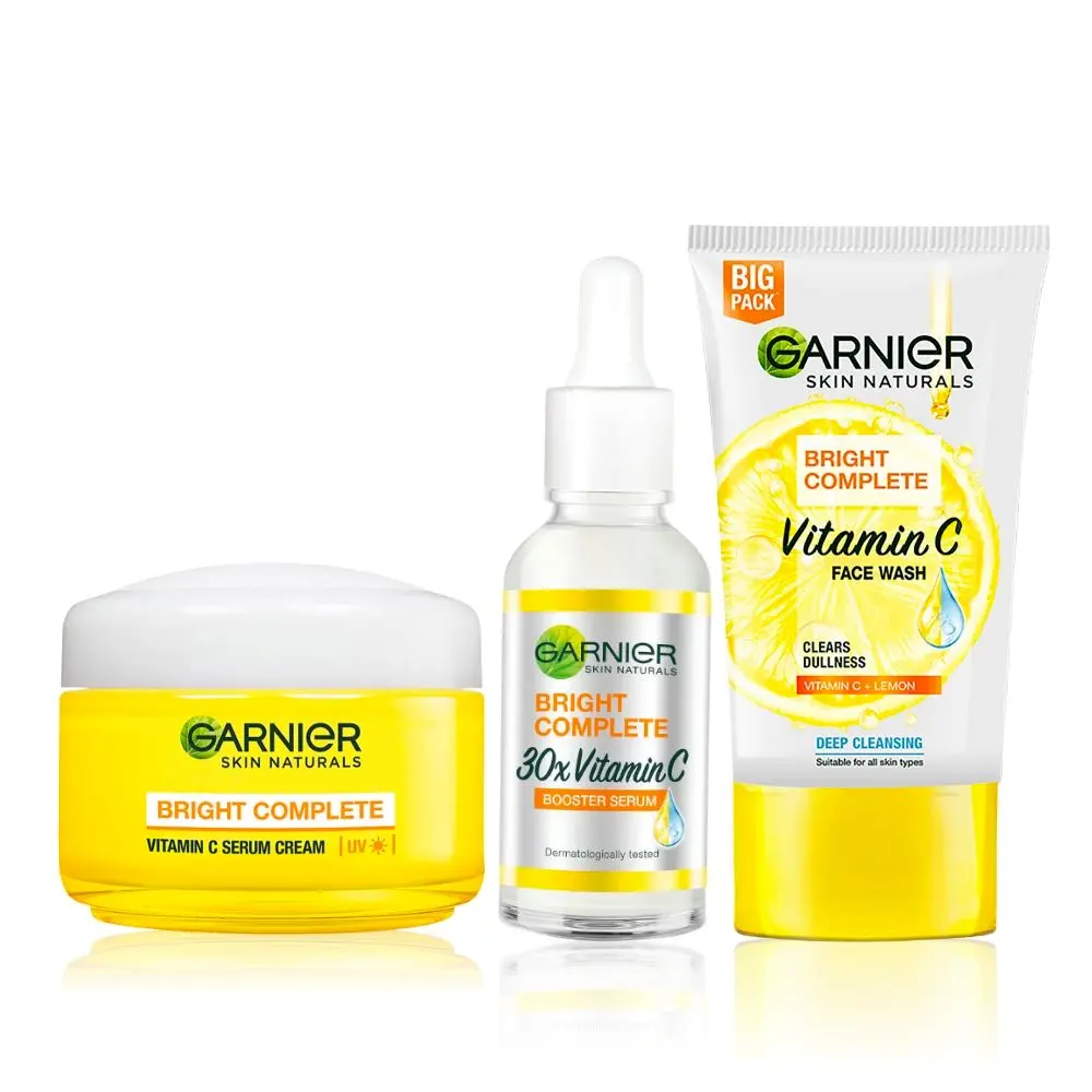 Garnier Bright Complete (Vitamin C Serum, 30ml + Bright Complete Facewash, 150g +Bright complete Face serum cream UV,45 gm) - Combo Pack