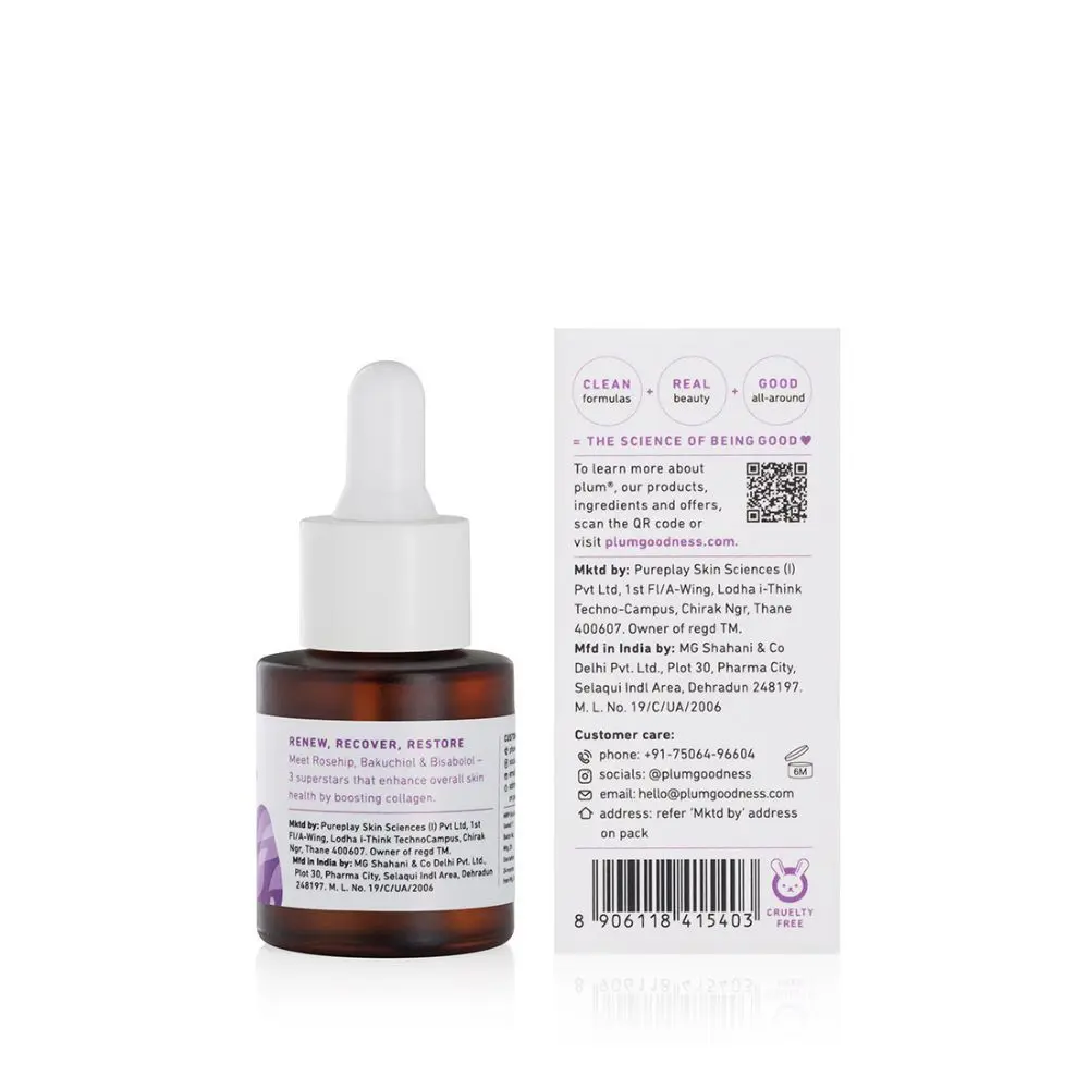 Plum Plum Rosehip Face Oil With 0.5% Bakuchiol & 0.8% Bisabolol | Boosts Collagen for a Youthful Glow | Improves Skin Elasticity, Fine Lines & Wrinkles | Fragrance-Free | 100% Vegan (20 ml)