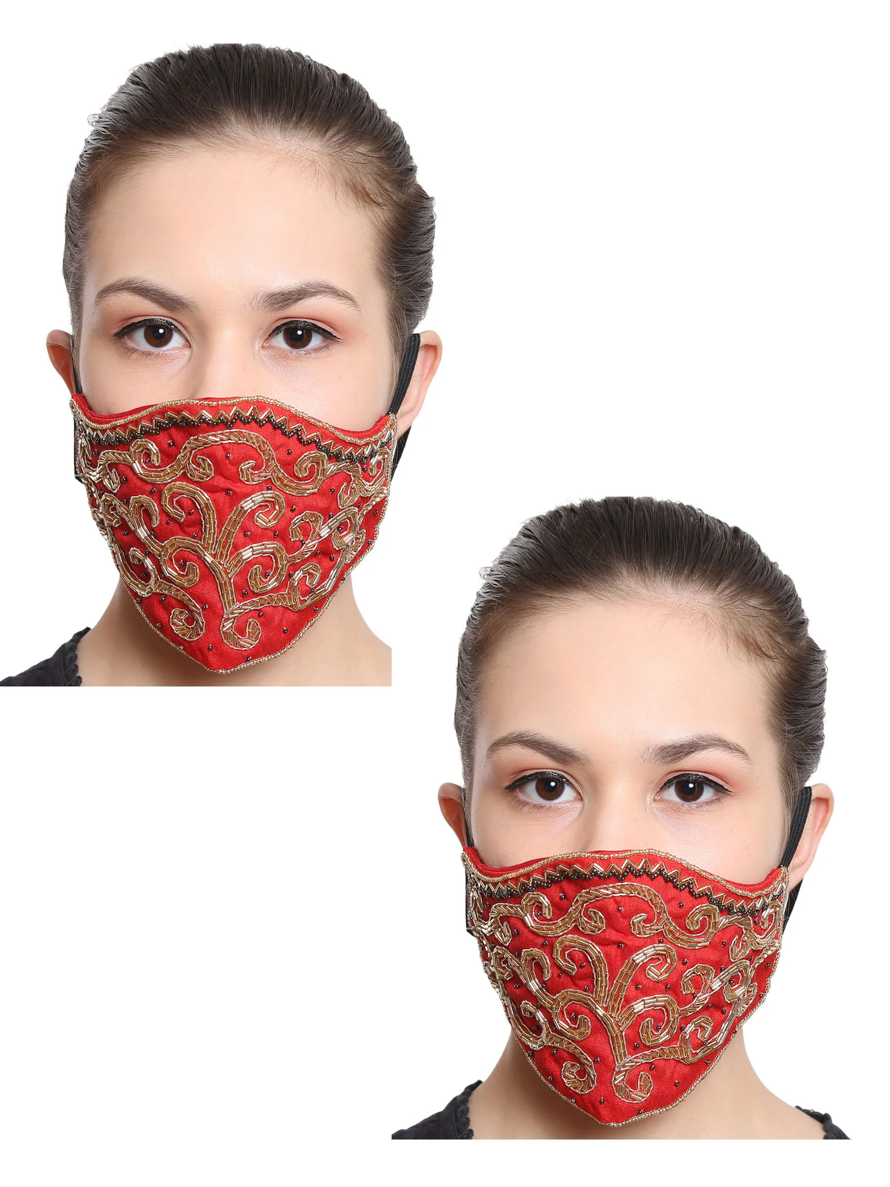 Anekaant Red & Gold 3-Ply Reusable Art Silk Embellished Fabric Fashion Mask (Pack Of 2)