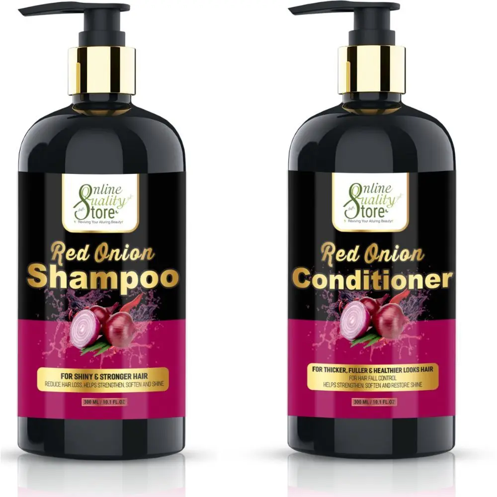 Online Quality Store Combo Red Onion Shampoo 300ml + Red Onion Conditioner 300ml - Onion Shampoo & Conditioner Kit for Hair Smoothing and Hair Fall Control, 600ml Pack{combo_onionshampoo1_conditioner1}