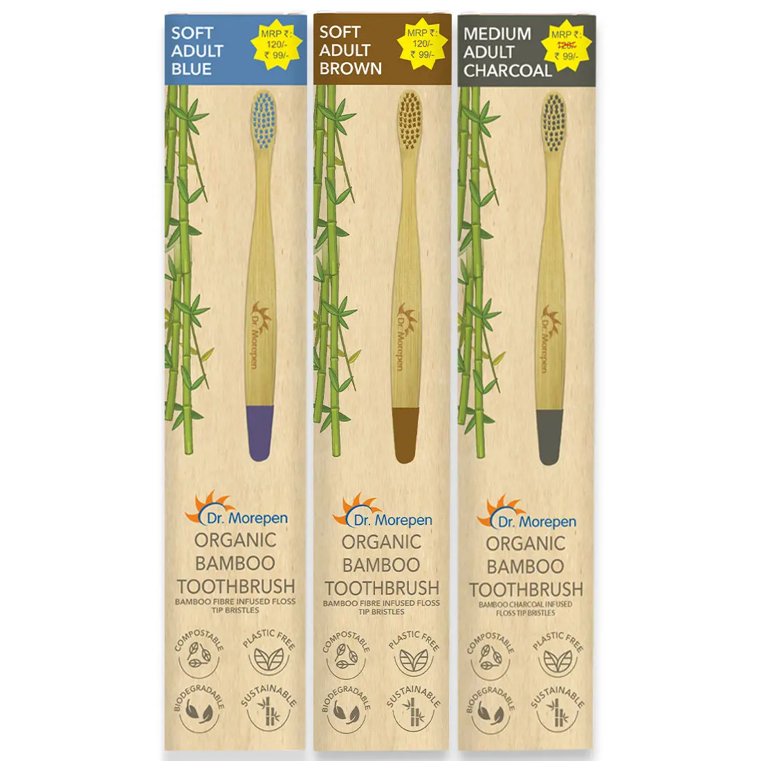 DR. MOREPEN Organic Bamboo Toothbrush For Adults - Blue, Brown & Charcoal