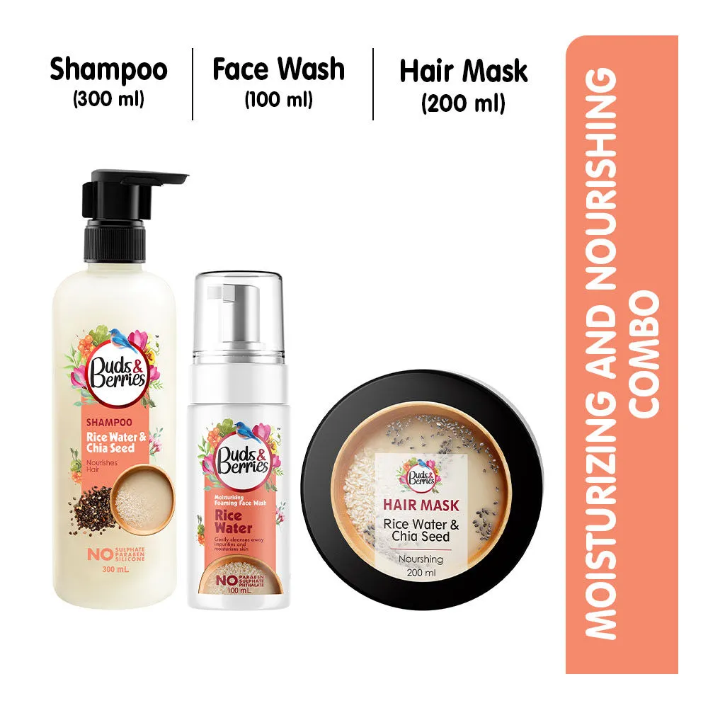 Buds & Berries Rice Water Moisturizing And Nourishing Combo (Shampoo + Hair Mask + Face Wash)