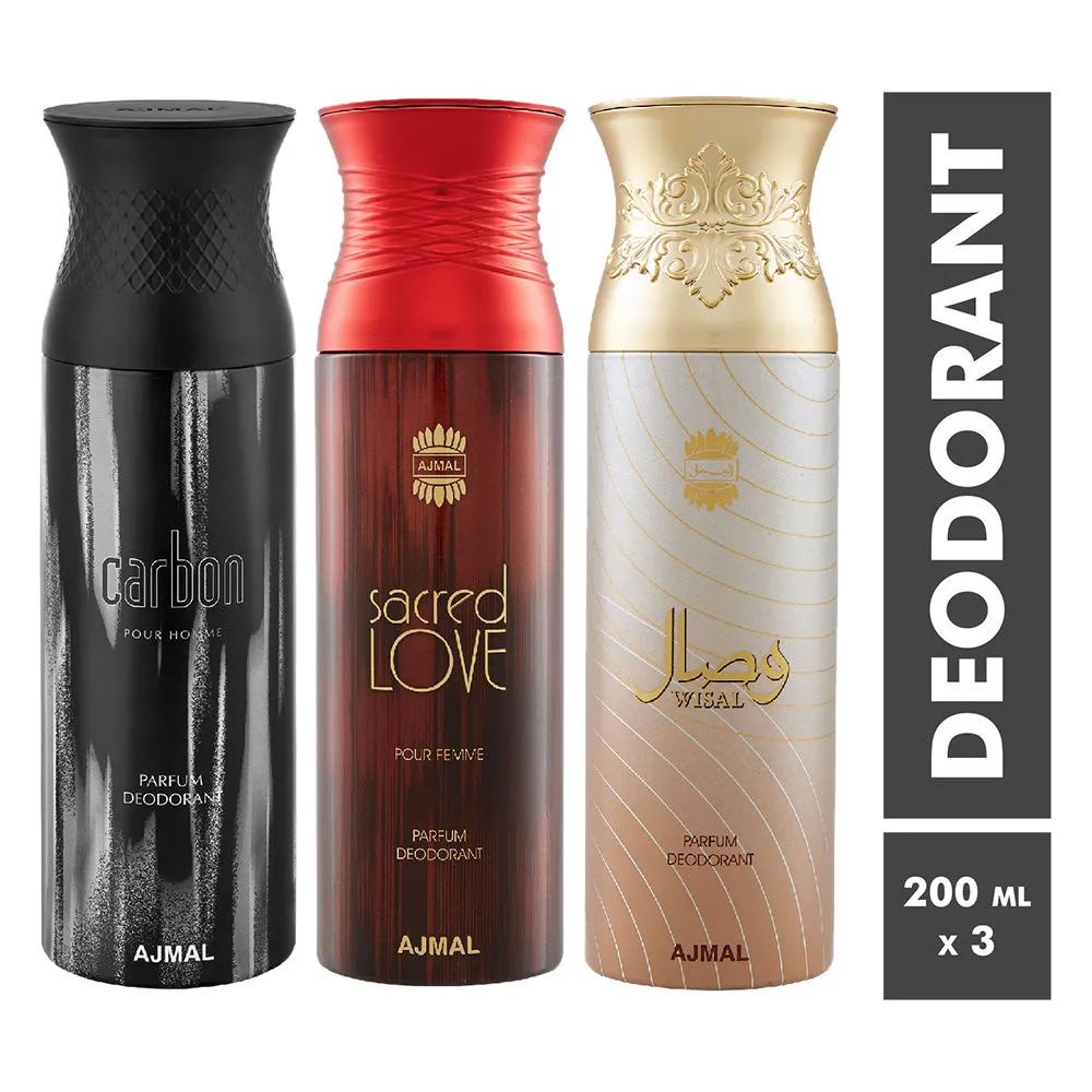 Ajmal Carbon, Sacred Love & Wisal Parfum Deodorant For Men and Women - Pack Of 3