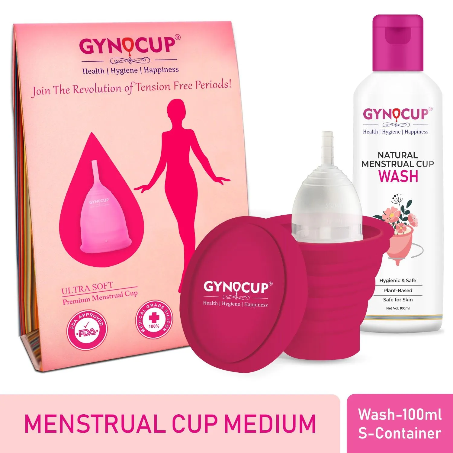 GynoCup Menstrual Cup For Women Transparent,medium Size With Wash And Sterilizer(Combo Kit)