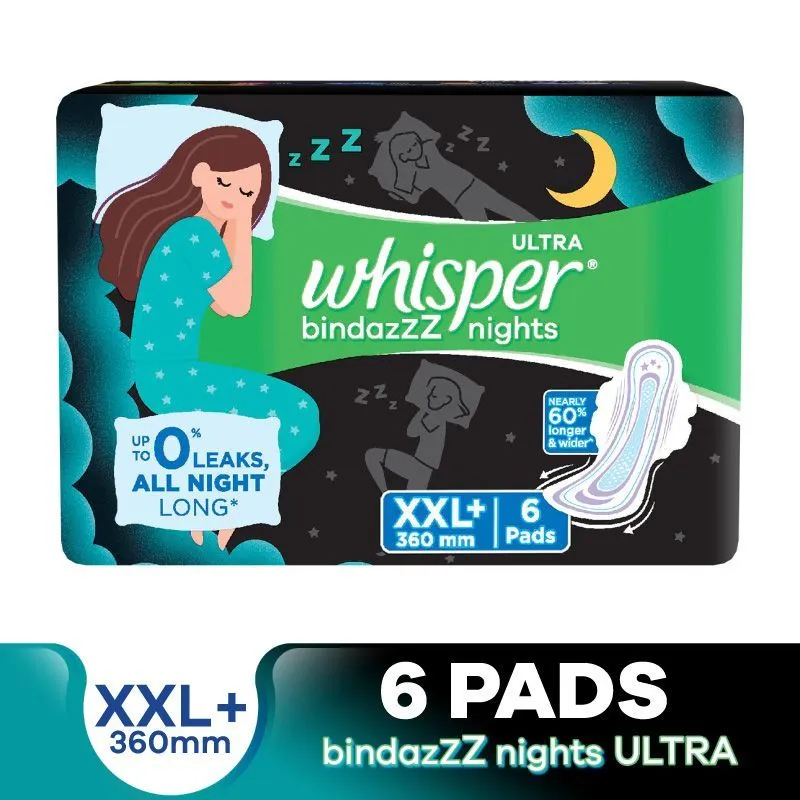 Whisper Bindazzz Night Koala Soft Thin XXL+ Sanitary Pads - 60% Longer & Upto 0% Leaks, 6 Pads