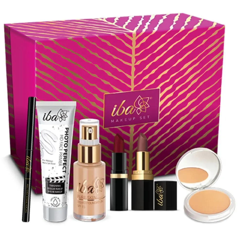 Iba Makeup Gift Set for Women (Dusky) - Foundation, Compact, Primer, Lipsticks, Kajal | Long Lasting | Full Coverage | 100% Vegan & Cruelty-Free (6 items in the set)