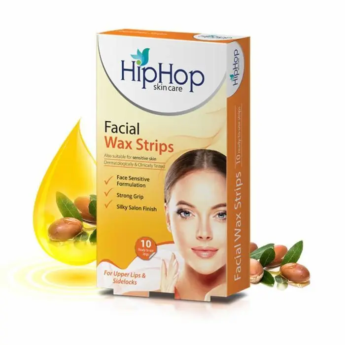 HipHop Skincare Facial Wax Strips for Sensitive Skin, For Instant Hair Removal (Upper Lip, Sideburns, Forehead, Chin) with Cleansing Wipes (10 Strips)