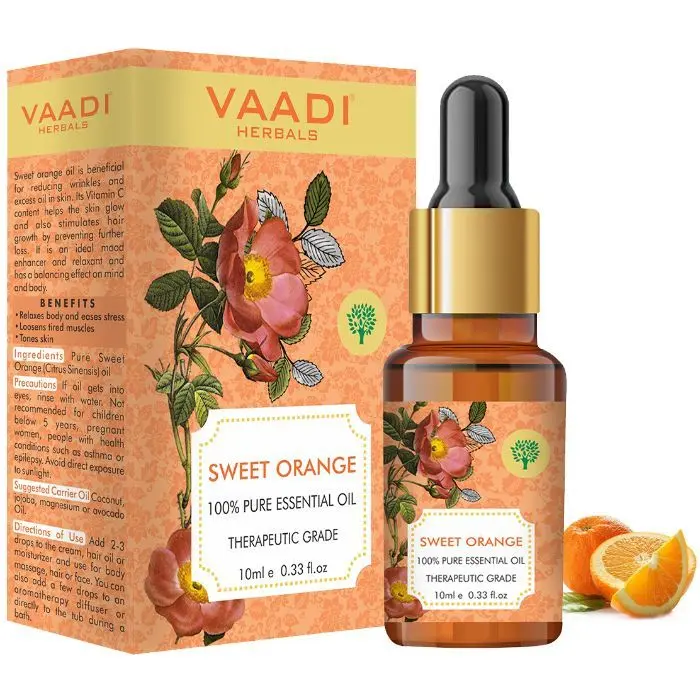 Vaadi Herbals Sweet Orange Essential Oil - Vitamin C Reduces Hairfall, Improves Skin Complexion, Enhances Mood, Loosens Tired Muscles - 100% Pure Therapeutic Grade