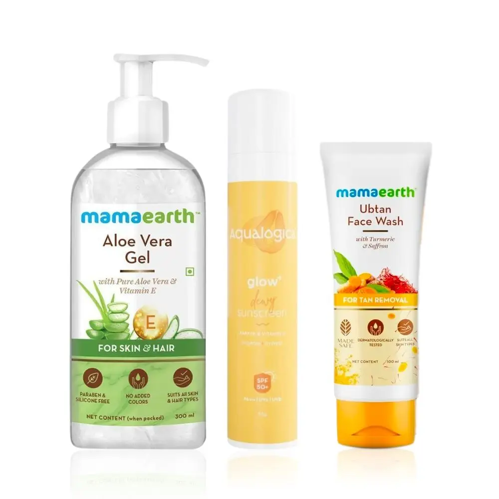 Mamaearth x Aqualogica daytime skincare combo 1 ( Mamaearth ubtan face wash (100ml) + Mamaearth aloe vera gel (300ml) + Aqualogica papaya & vitamin C sunscreen (50g))