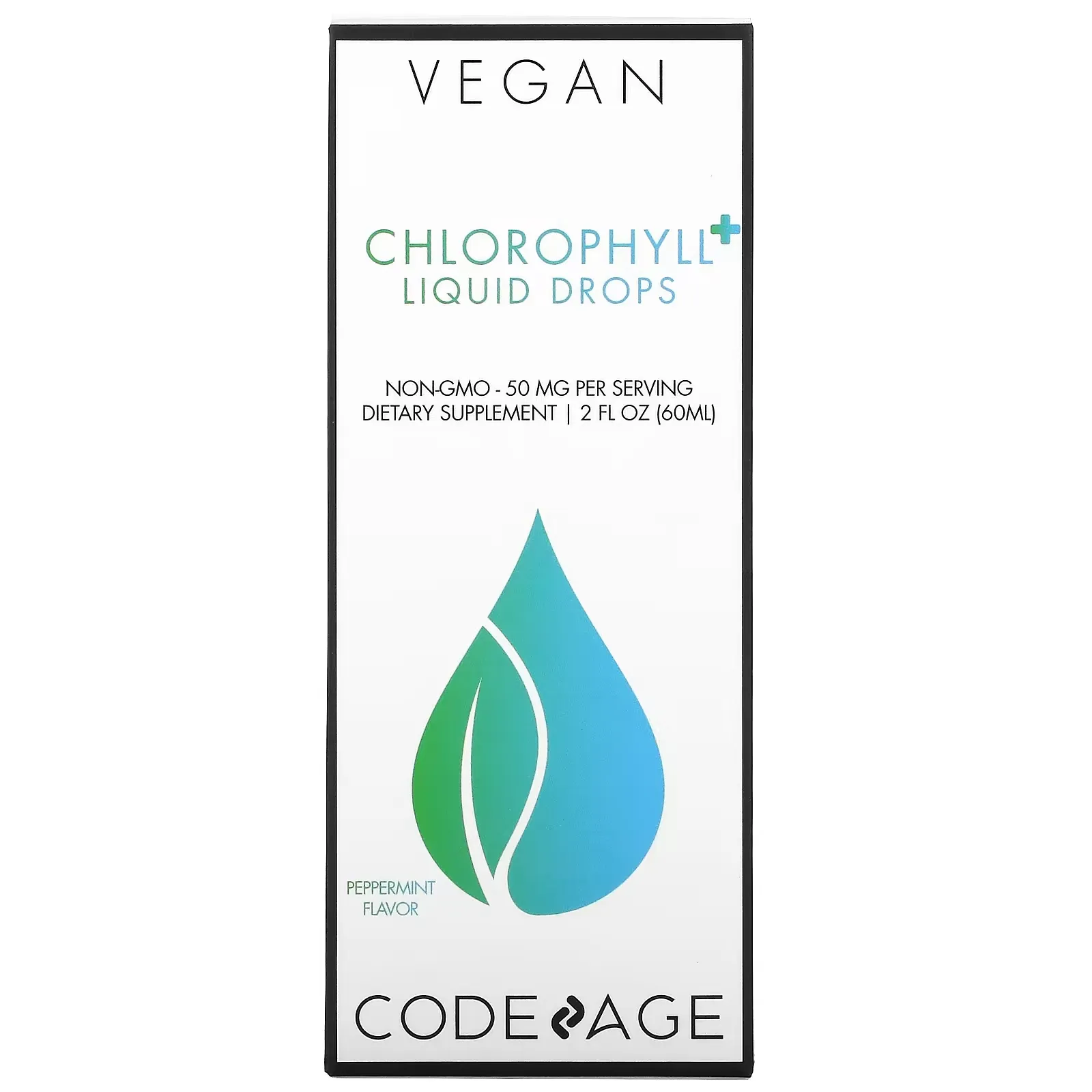 Vegan Chlorophyll+ Liquid Drops, Non-GMO, Peppermint, 50 mg, 2 fl oz (60 ml)