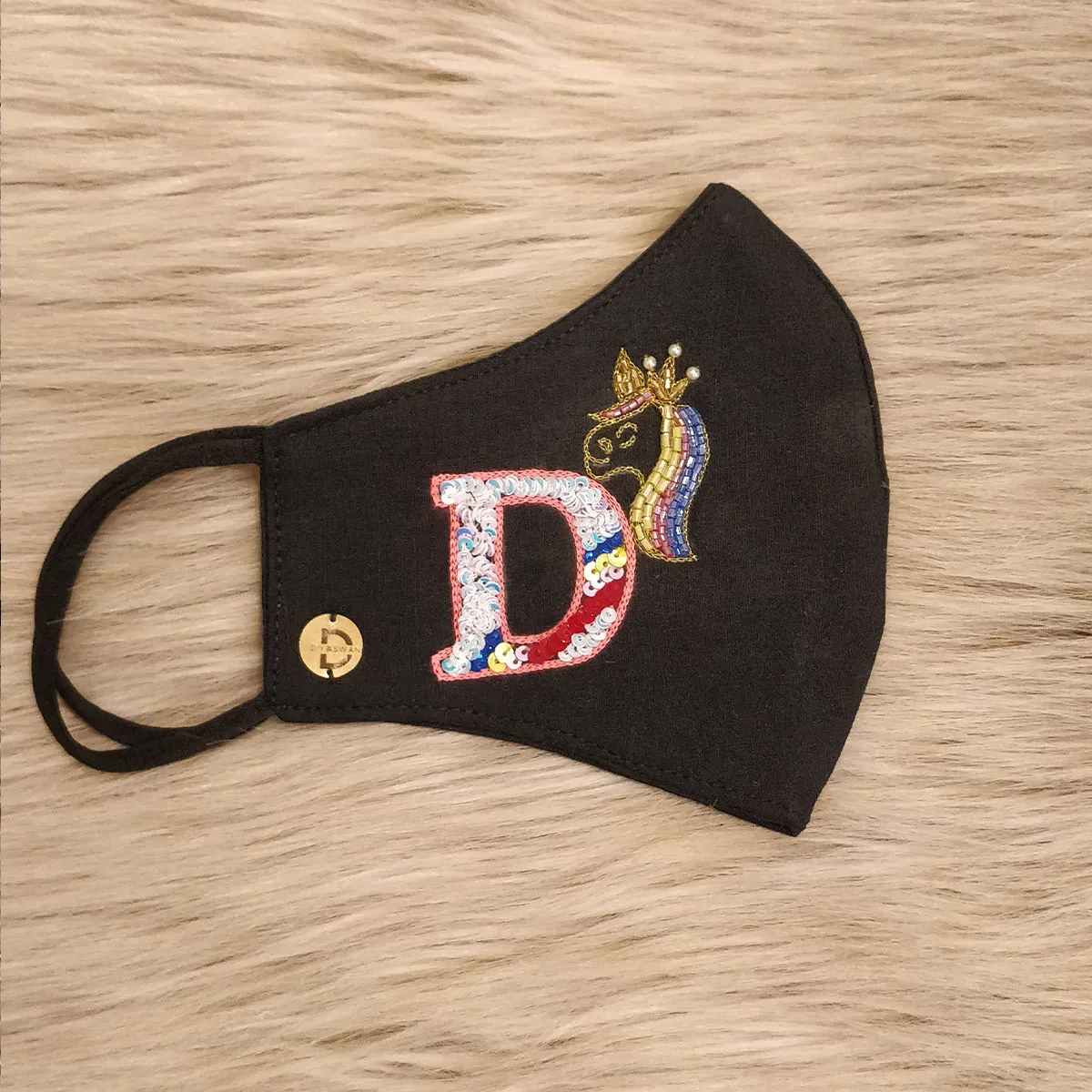 Diya Aswani Black Unicorn Themed Mask Letter D