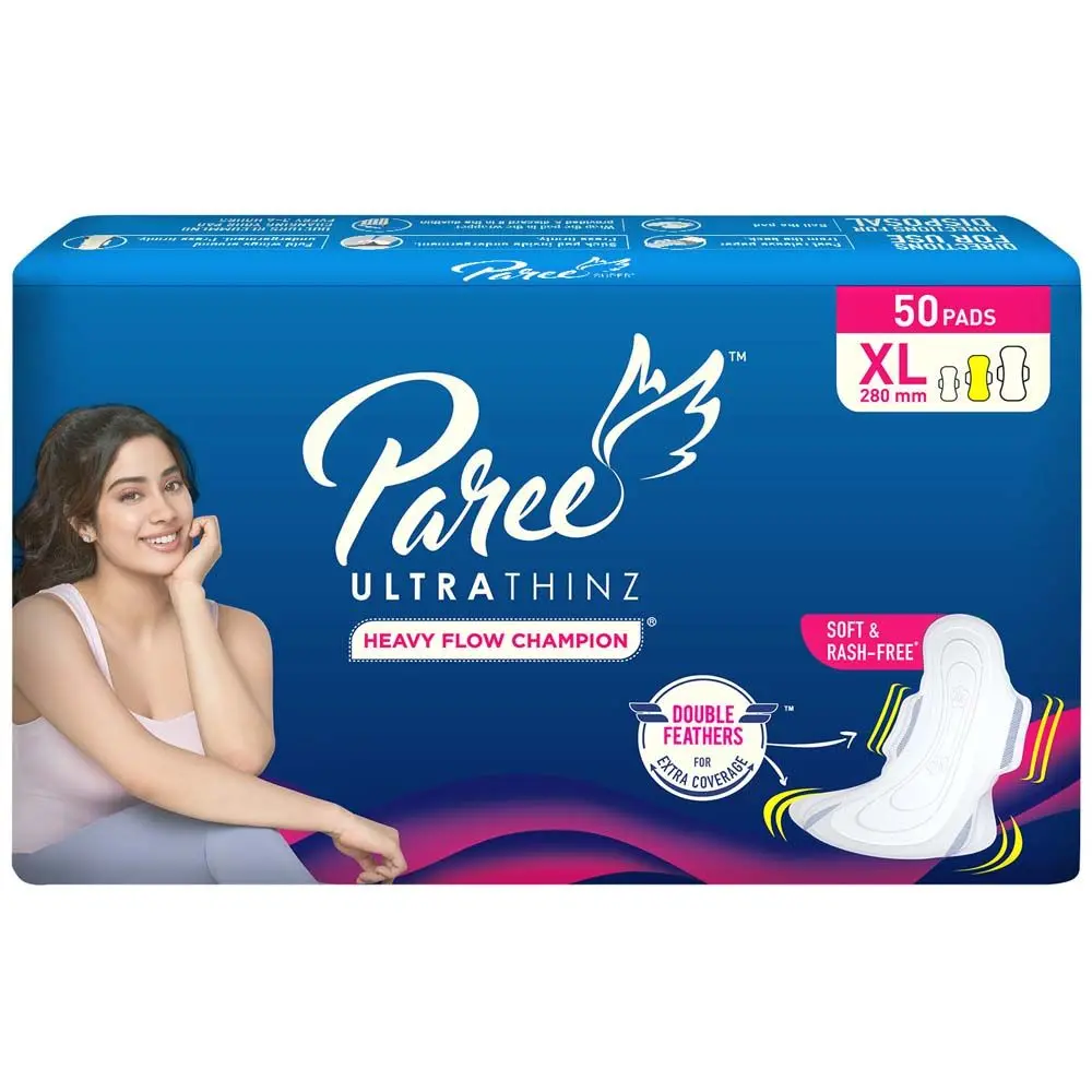 Paree Ultra Thinz XL Tri-Fold Sanitary Pads for Women|50 Pads| Heavy Flow Champion|Double Feathers for Extra Coverage|Leakage-Proof|