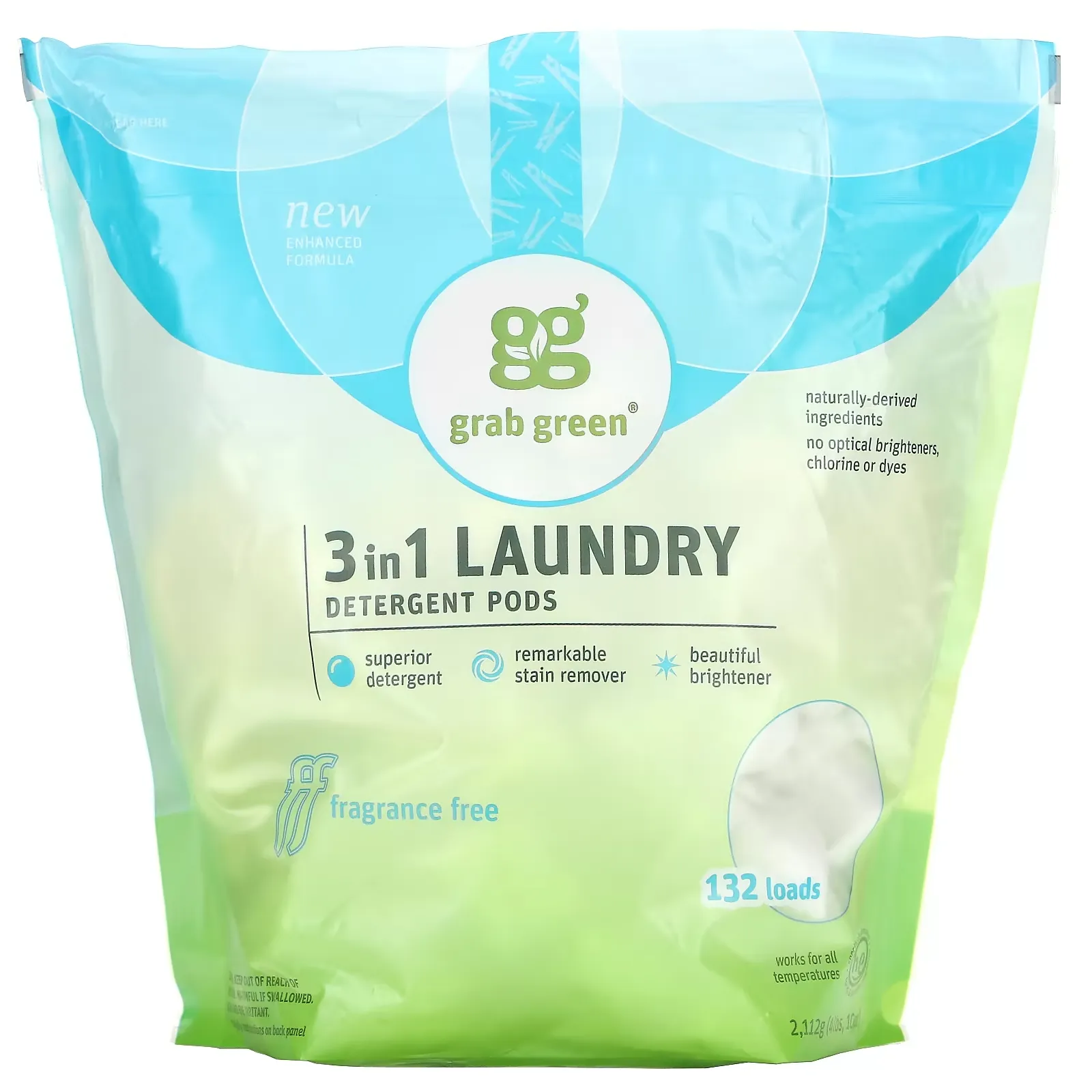 3-in-1 Laundry Detergent Pods, Fragrance Free, 132 Loads, 4 lbs 10 oz (2112 g)