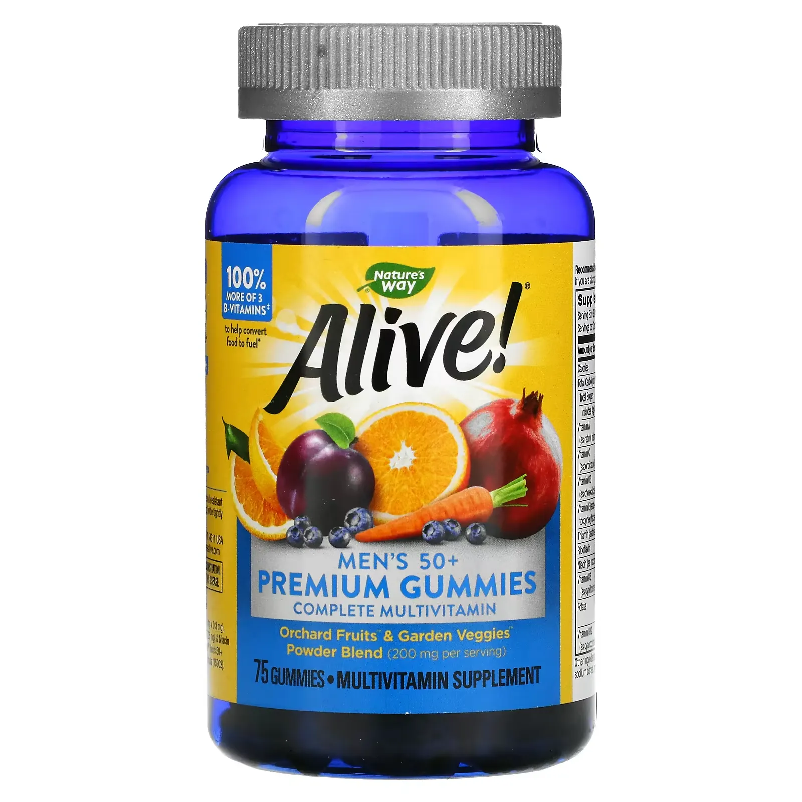 Alive! Men's 50+ Premium Gummies, Complete Multivitamin, Orange, Grape & Cherry, 75 Gummies