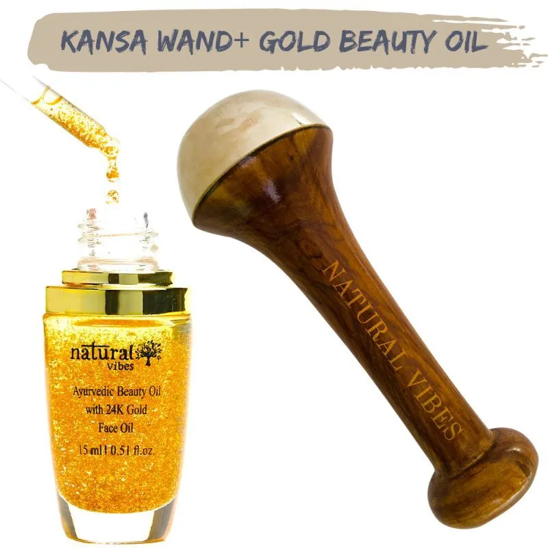 Natural Vibes Kansa Wand Face Roller + Gold Beauty Elixir Oil