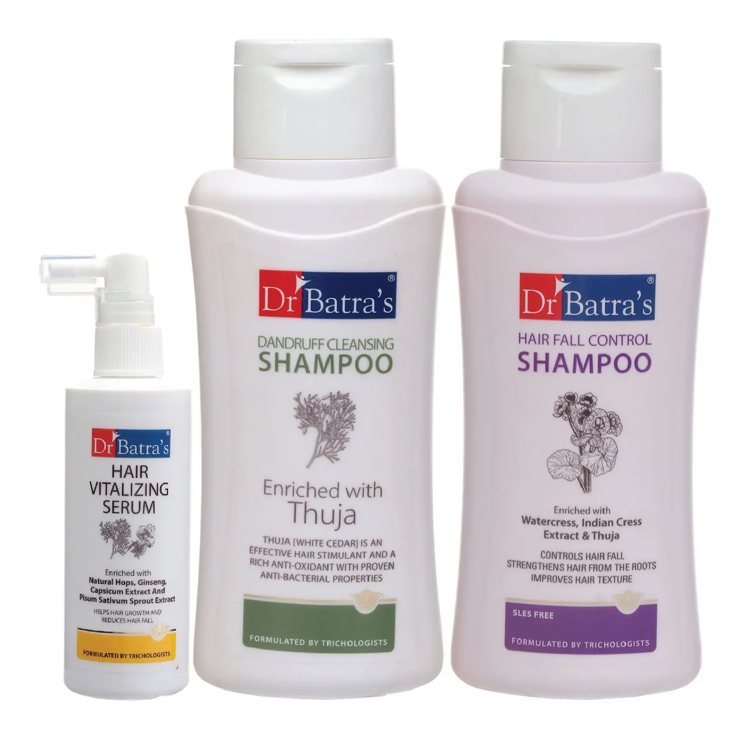 Dr Batra's Hair Vitalizing Serum 125 ml, Hair Fall Control Shampoo - 500 ml and Dandruff Cleansing Shampoo - 500 ml