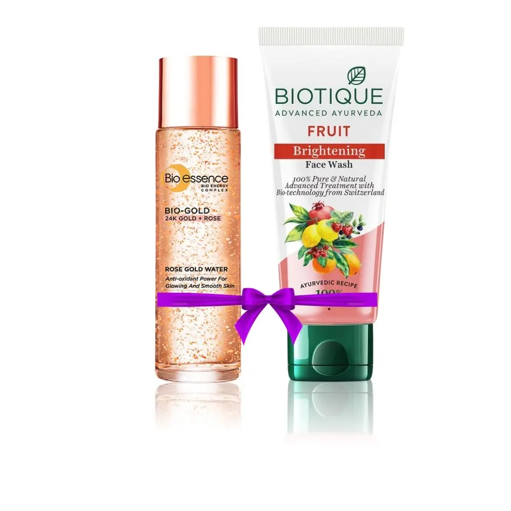 Biotique Fruit Brightening Face Wash 150Ml + Bio-essence Bio-Gold Rose Gold Water Essence (100 ml) speacial combo