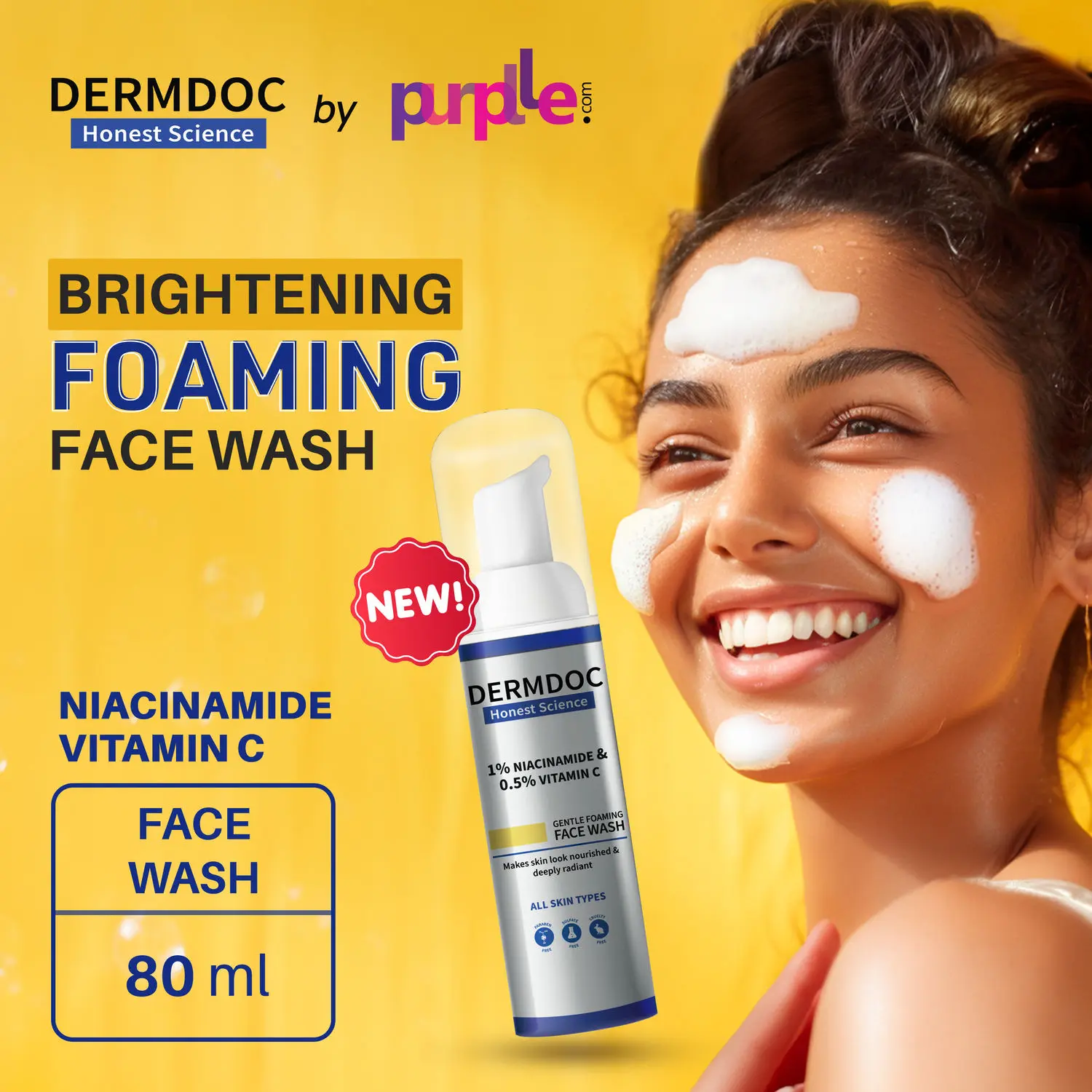 DERMDOC by Purplle 1% Niacinamide & 0.5% Vitamin C Gentle Foaming Face Wash (80 ml) | best face wash for clear & glowing skin | brightening face wash | foaming cleanser