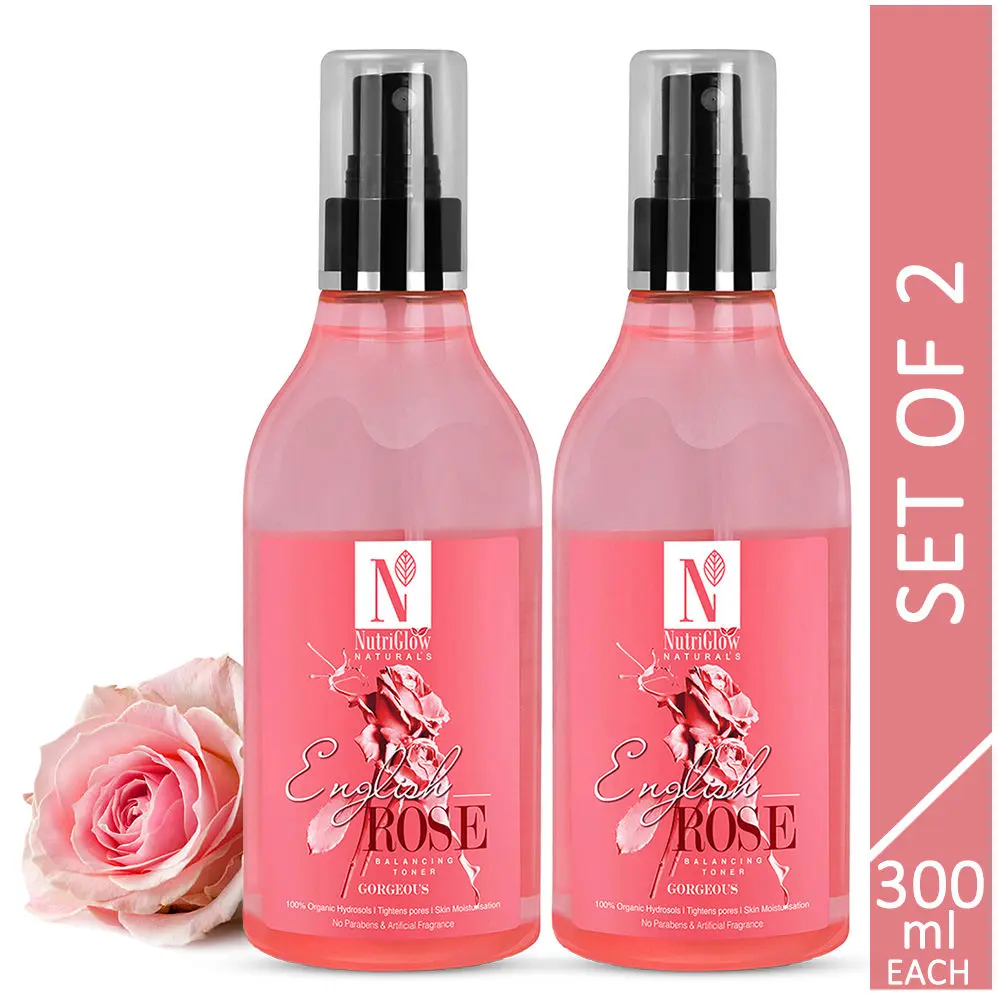 NutriGlow NATURAL'S Set of 2 English Rose Balancing Toner With 100% Organic Hydrosols, 300 ml each