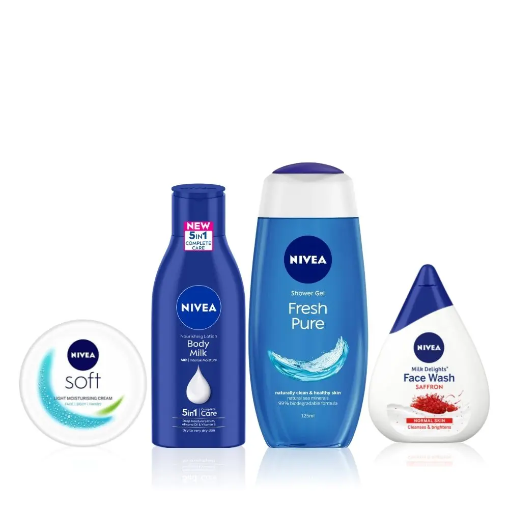 NIVEA Ultimate Skin Nourishment Kit 1(Fresh Pure Shower Gel(125ml) + Saffron Face Wash(100ml) + Almond Oil Body Lotions(120ml) + SOFT Light cream(100ml))