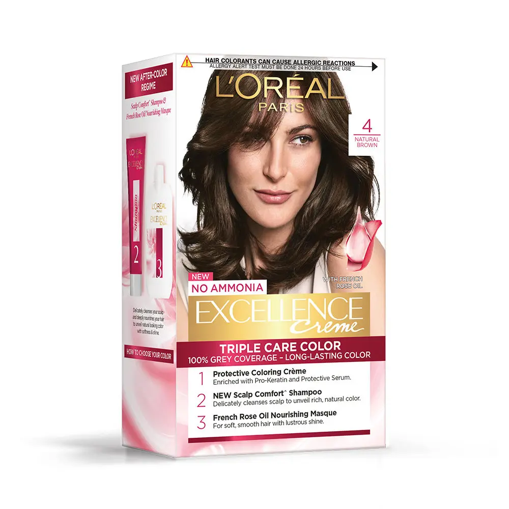 L'Oreal Paris Excellence Creme Hair Color, 4 Natural Brown/Natural Dark Brown, 72ml+100g