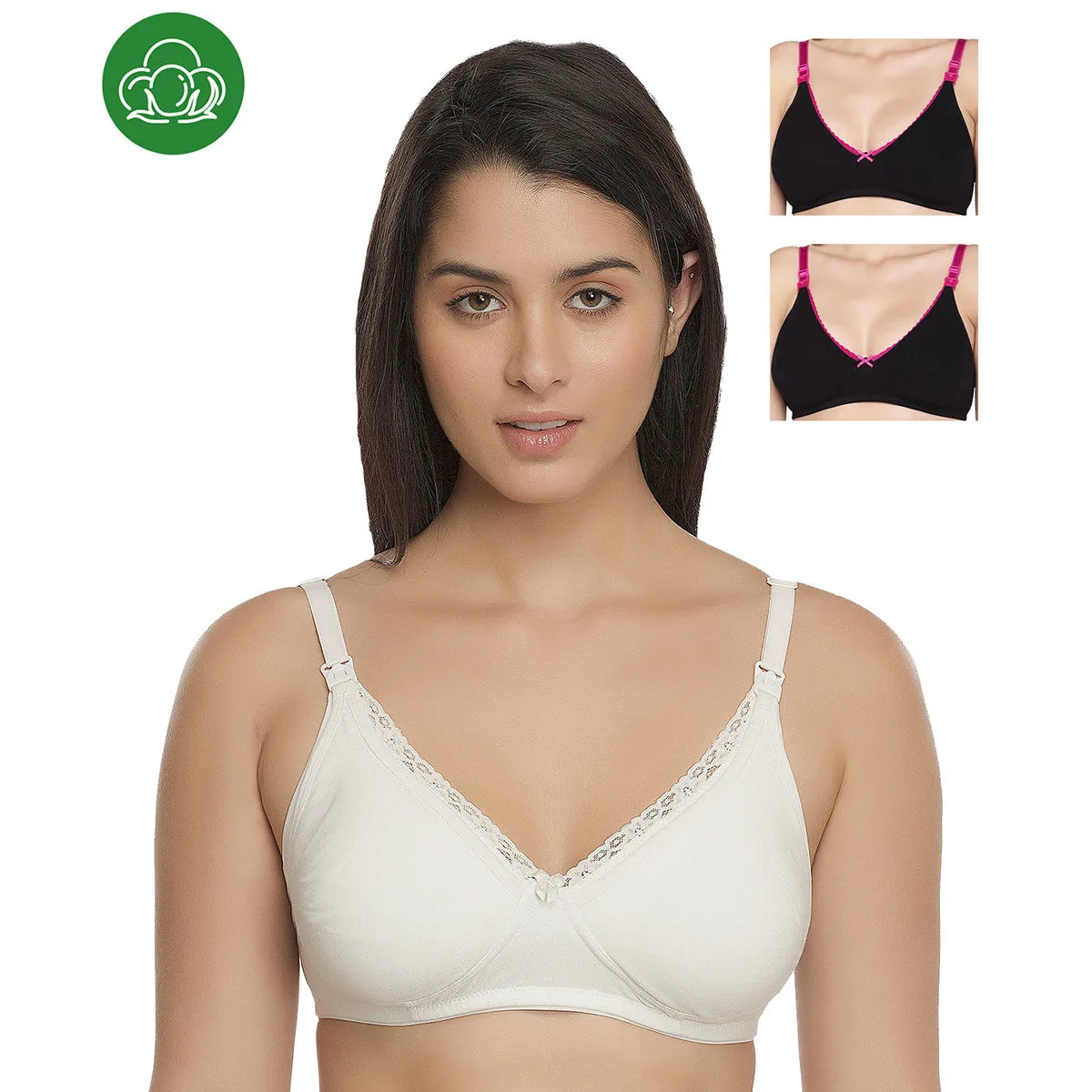 Inner Sense Organic Cotton Antimicrobial Laced Nursing Bra Pack of 3 - Multi-Color