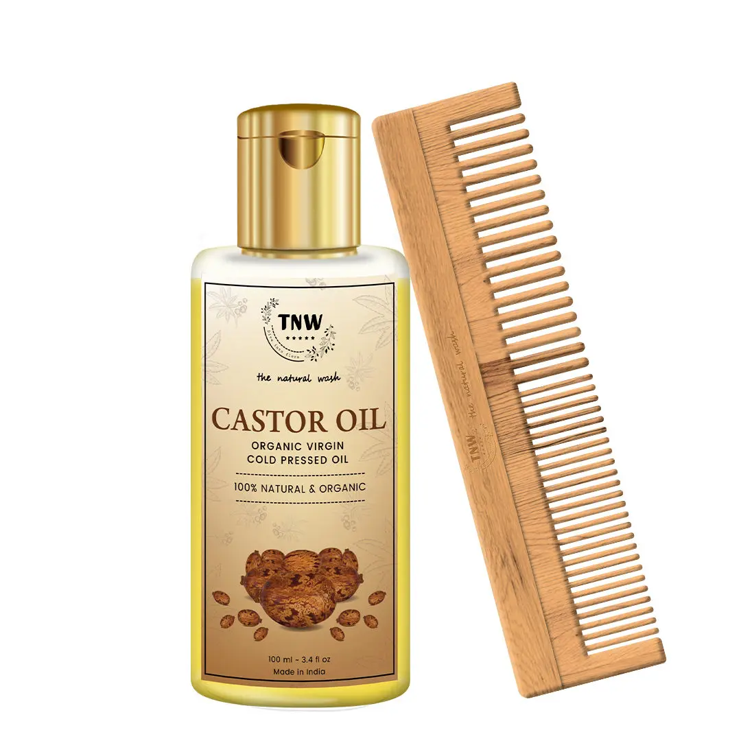 TNW-The Natural Wash Combo of 100 % Pure Castor Oil & Neem Comb | Castor Oil For Hair ,Skin,Eyelashes And Nails 100 ML | Wooden Neem Comb , Elminiates Infections And Toxins