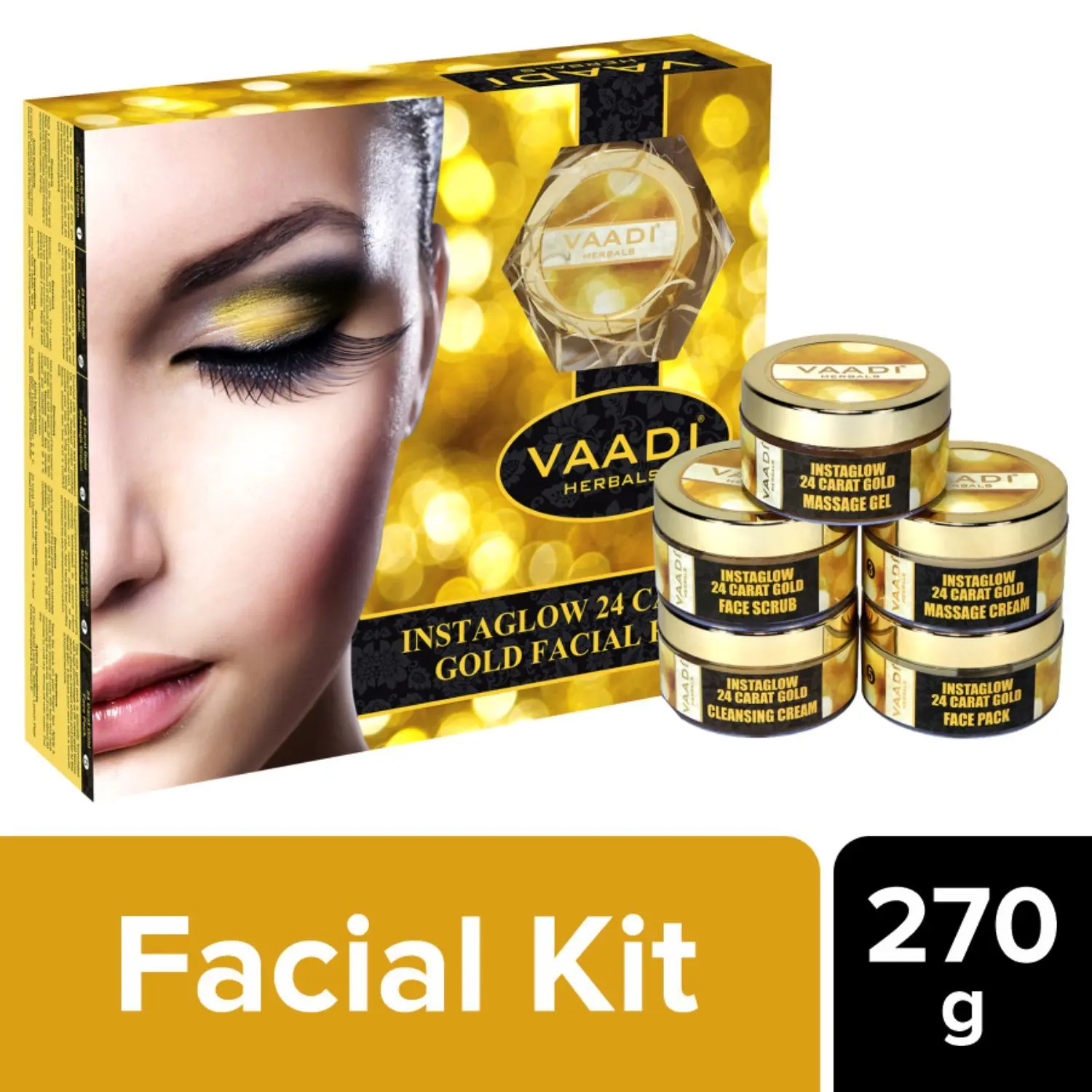 Vaadi Herbals Gold Facial Kit 24 Carat Gold Leaves, Marigold & Wheatgerm Oil, Lemon Peel Extract (270 g)