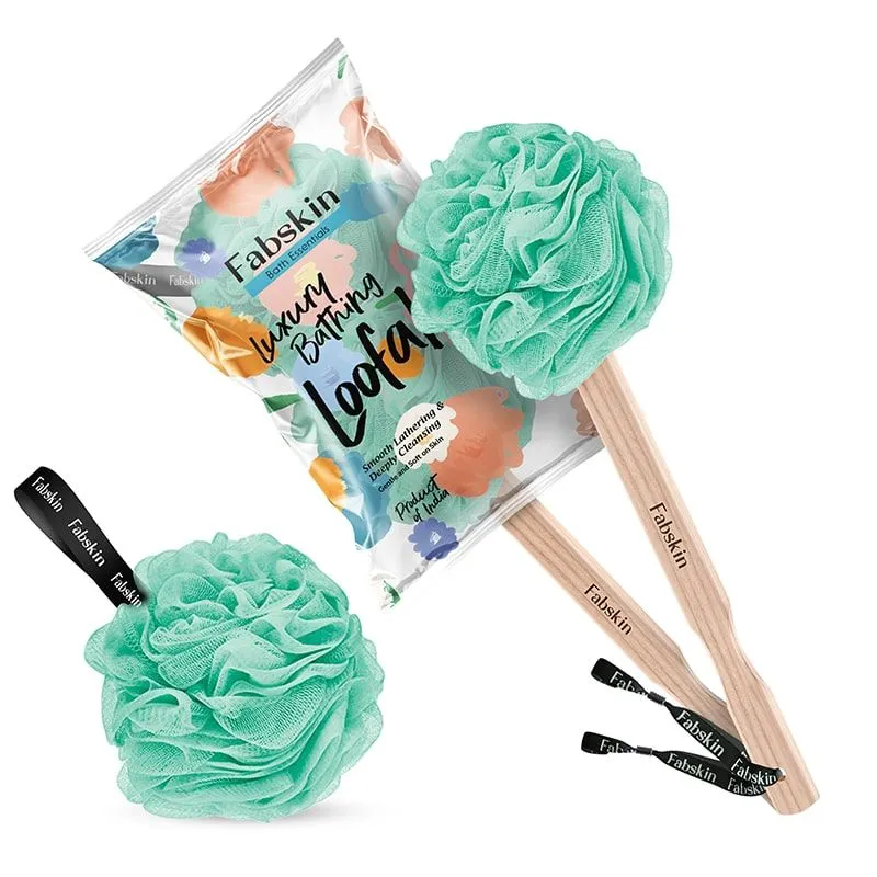 Fabskin Loofah Duo Pack - Bath Brush With Wooden Handle & Round Loofah - For Men & Women - Aqua Green