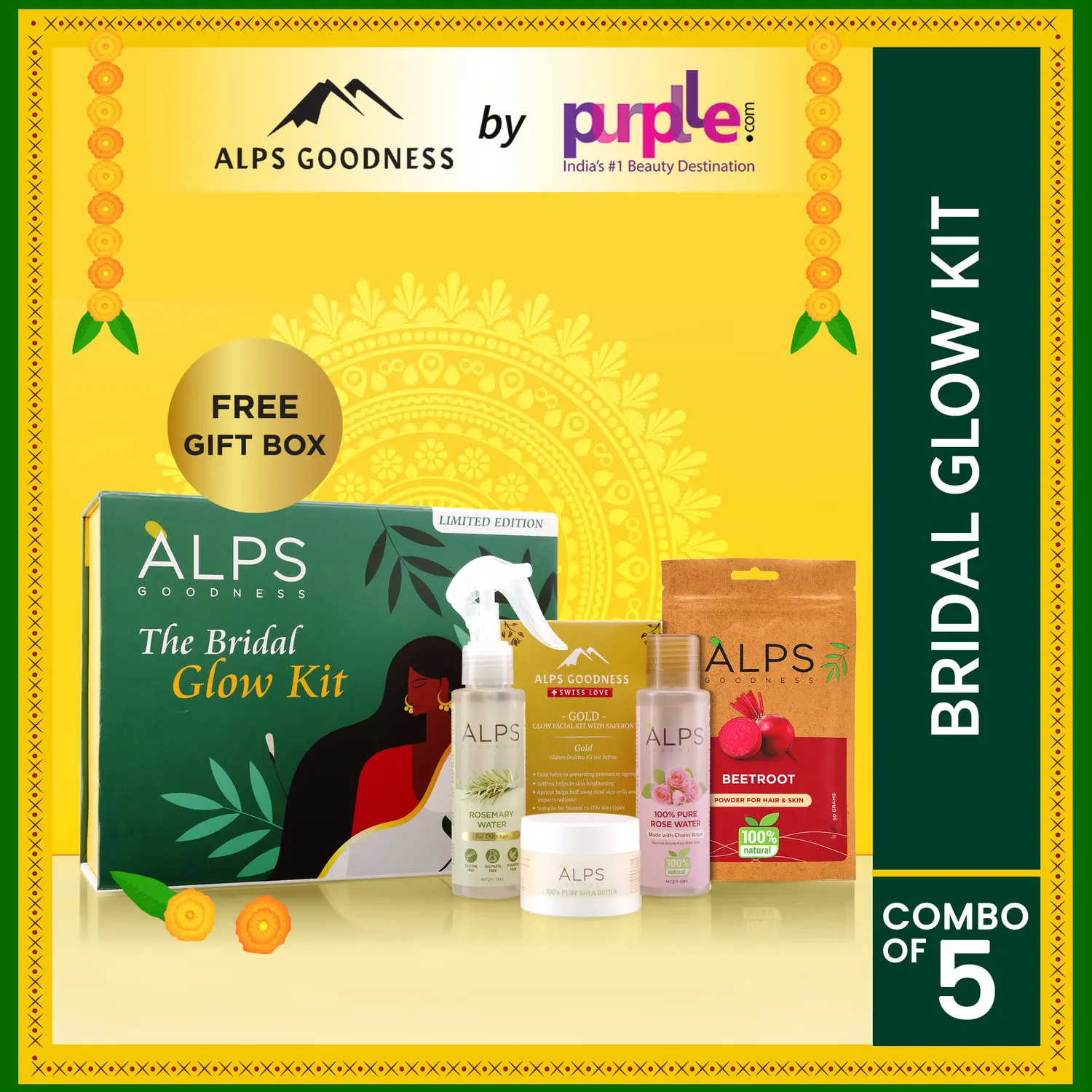 Alps Goodness Bridal Glow Kit (Pack of 5) with Beetroot Powder, Rose Water, Rosemary Water, Gold Facial Kit & Shea Butter