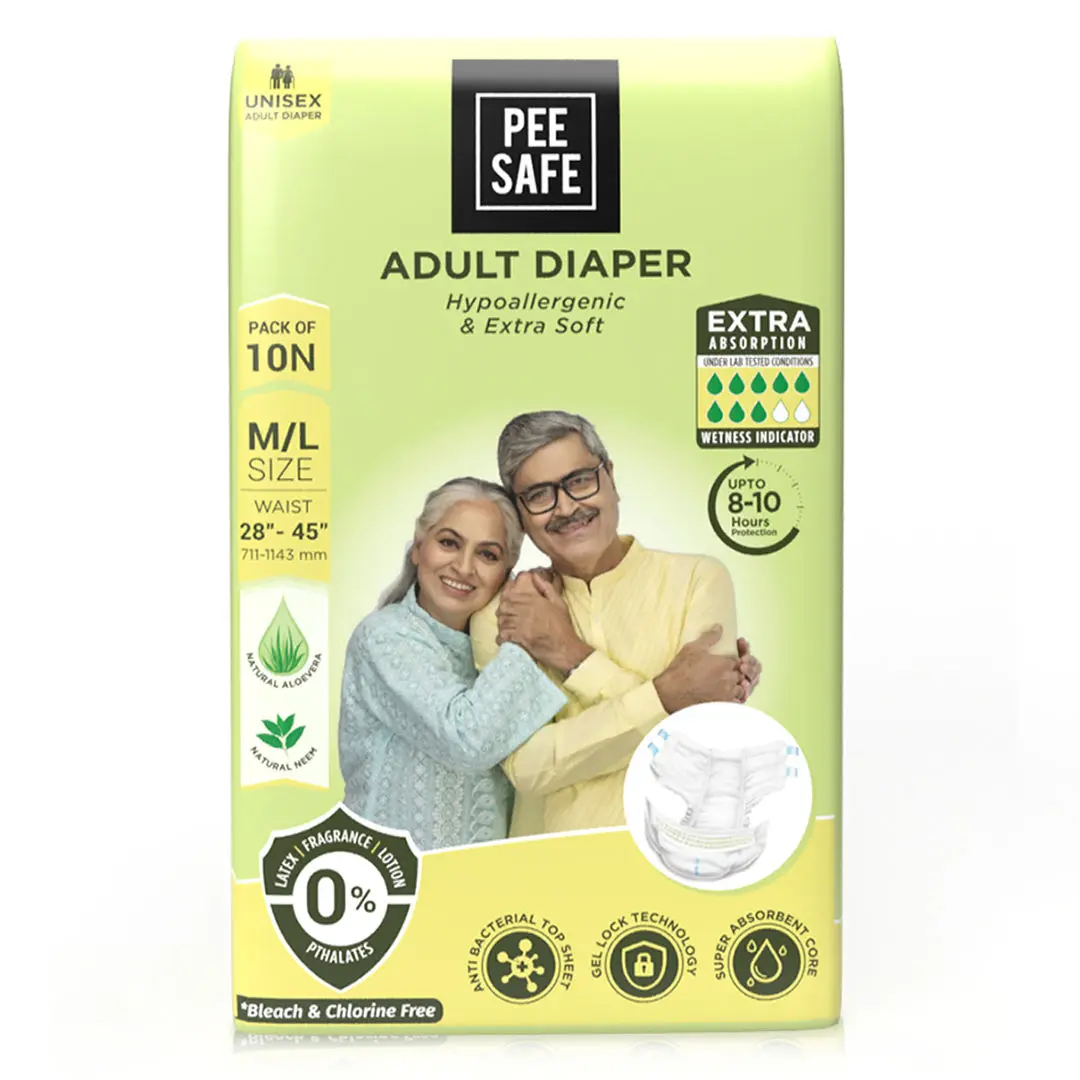 Pee Safe Adult Diaper | Medium - Large | Waist Size 71-114 cm (28"-45") | High Absorbency 10 Pcs