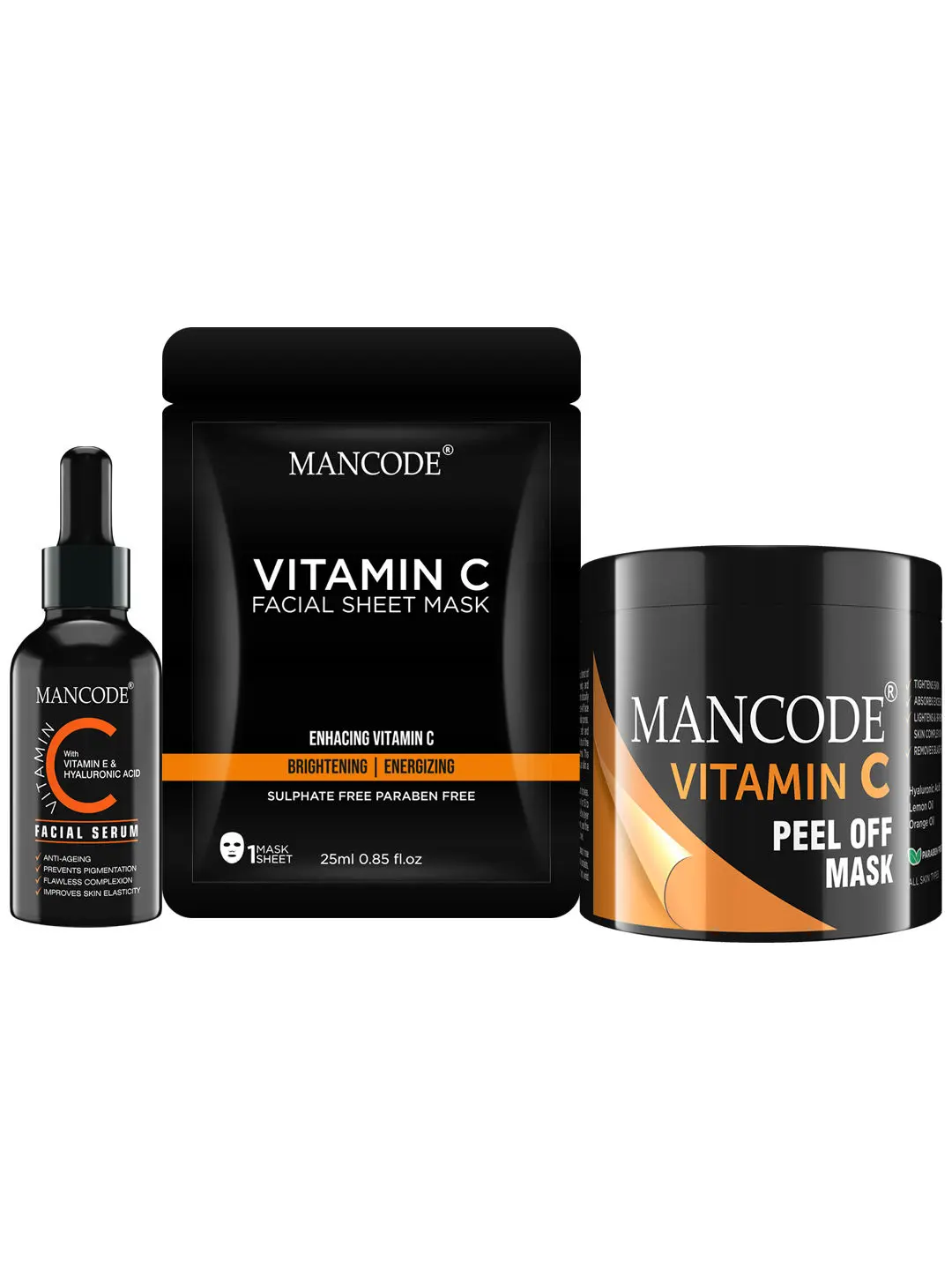 Mancode Vitamin C Facial Serum,50ml, Vitamin Facial Mask Sheet,25ml and Vitamin C Peel Off Mask, 100gm (pack of 3)