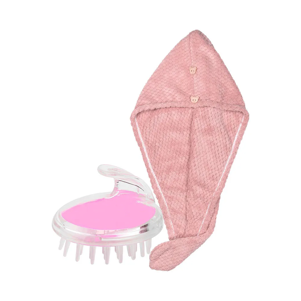 Streak Street Microfiber Hair Towel- Salmon Pink + Smooch Pink Scalp Massager And Shampoo Brush