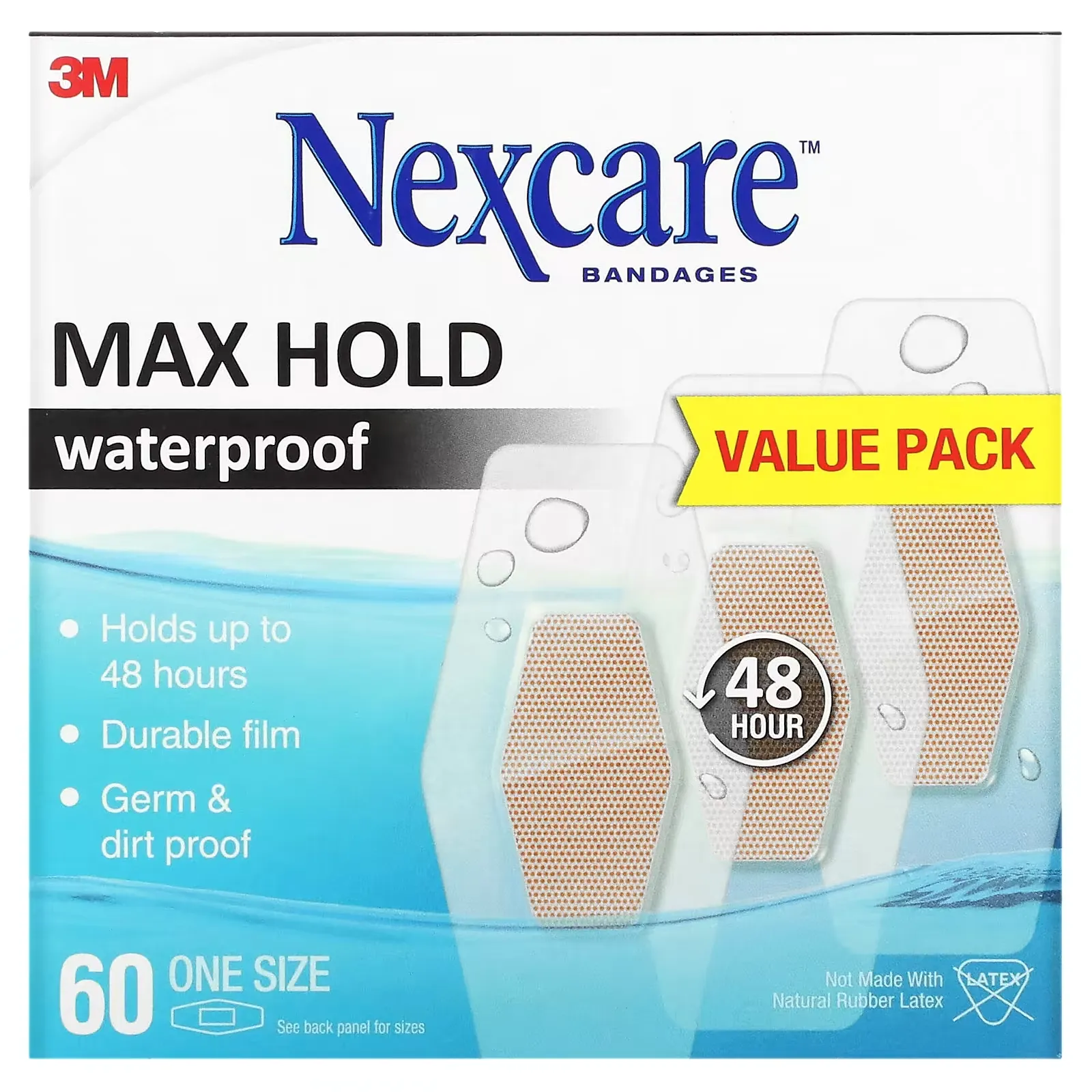 Waterproof Bandages, Max Hold, 60 One Size Bandages