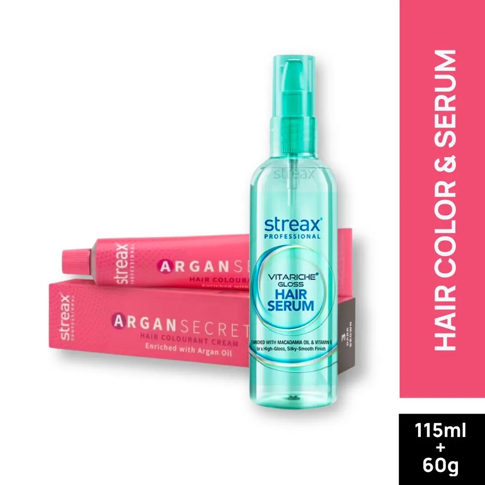 Streax Professional Vitariche Gloss Hair Serum + Argan Secret Hair Colourant Cream - Dark Brown 3 (115 ml + 60 g )