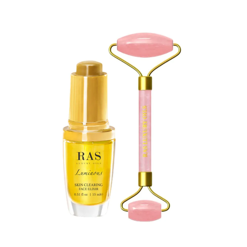 RAS Luxury Oils Luminous Skin Clearing Face Elixir + Rose Quartz Facial Roller - 15ml