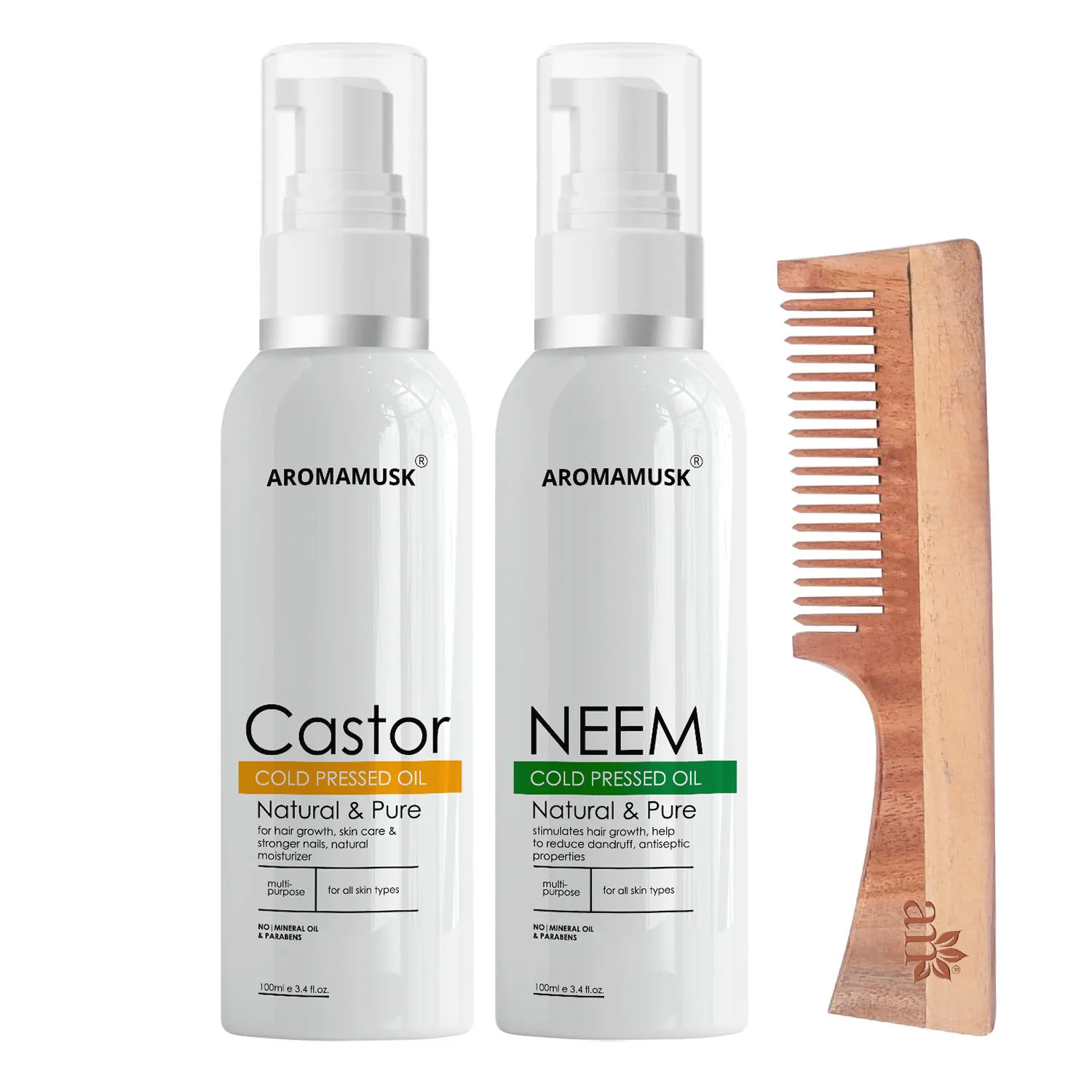 AromaMusk Organic 100% Pure Cold Pressed Castor Neem Oil & Neem Wood Comb with Handle