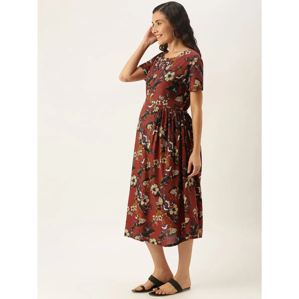 Nejo Feeding/Nursing Maternity Midi Dress - Brown (XL)