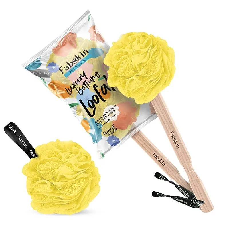 Fabskin Loofah Duo Pack - Bath Brush With Wooden Handle & Round Loofah - For Men & Women-Yellow