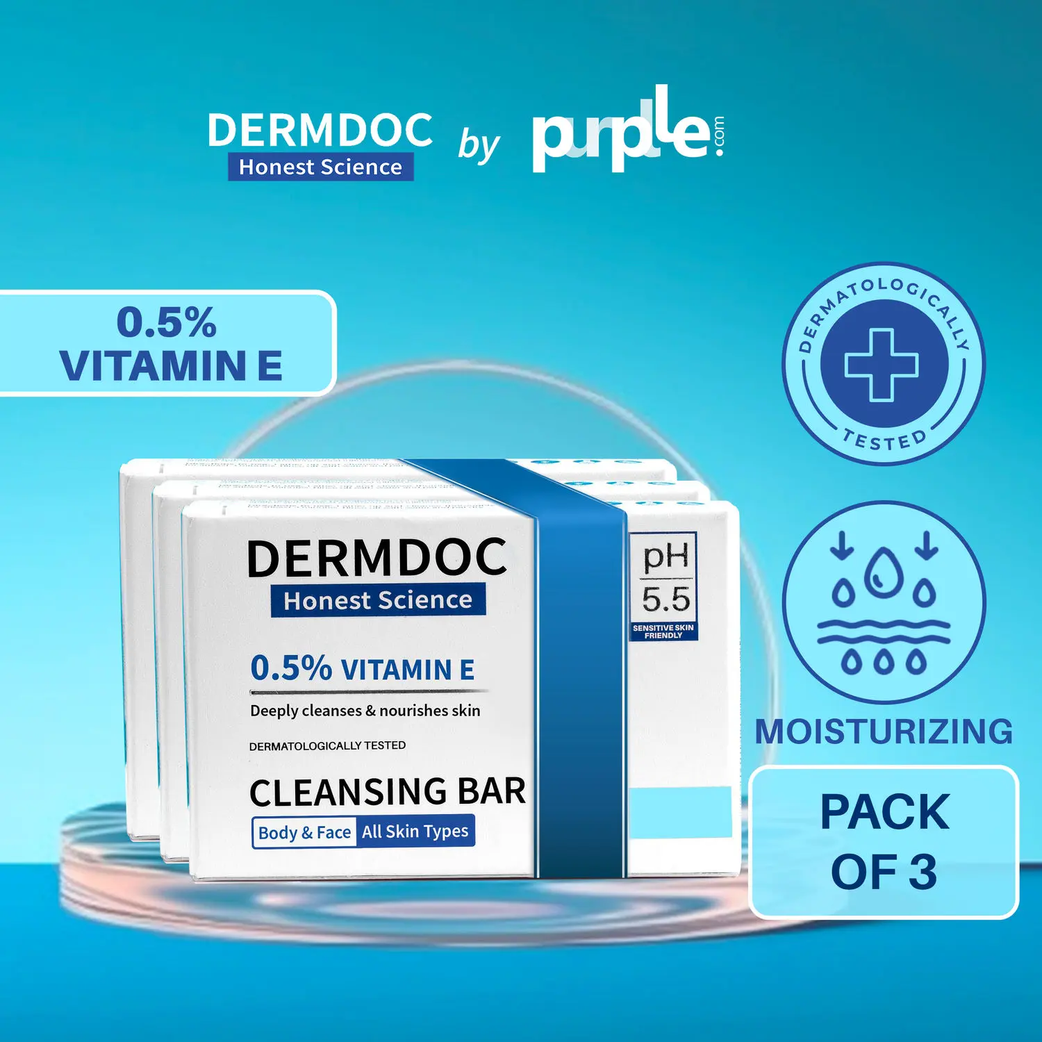 DERMDOC Combo Kit Vitamin E Cleansing Bar (Pack of 3) | Soap Free, Alkali Free | Mild, Gentle Cleansing Soap, Moisturising Soap, pH 5.5 Soap | vitamin e for dry skin | facial cleansing bar 