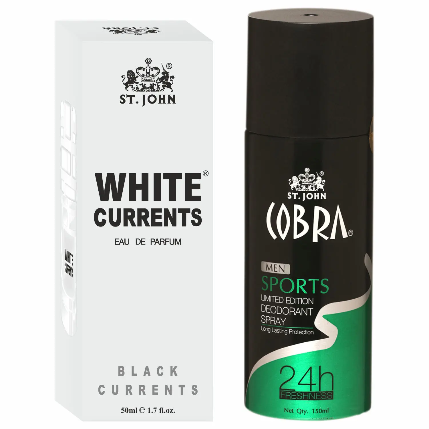 ST-JOHN Cobra Deodrant Sports 150 ml & Cobra Black Current 50ml Perfume Combo Gift Pack Perfume Body Spray - For Men & Women (200 ml, Pack of 2)