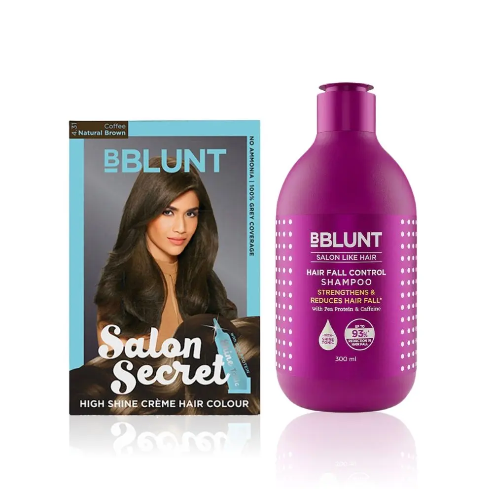 BBLUNT Salon Secret High Shine Creme Hair Colour Natural Brown 4.31 (100 g) With Shine Tonic (8 ml)+BBLUNT Hair Fall Control Shampoo with Pea Protein & Caffeine for Stronger Hair (300 ml)